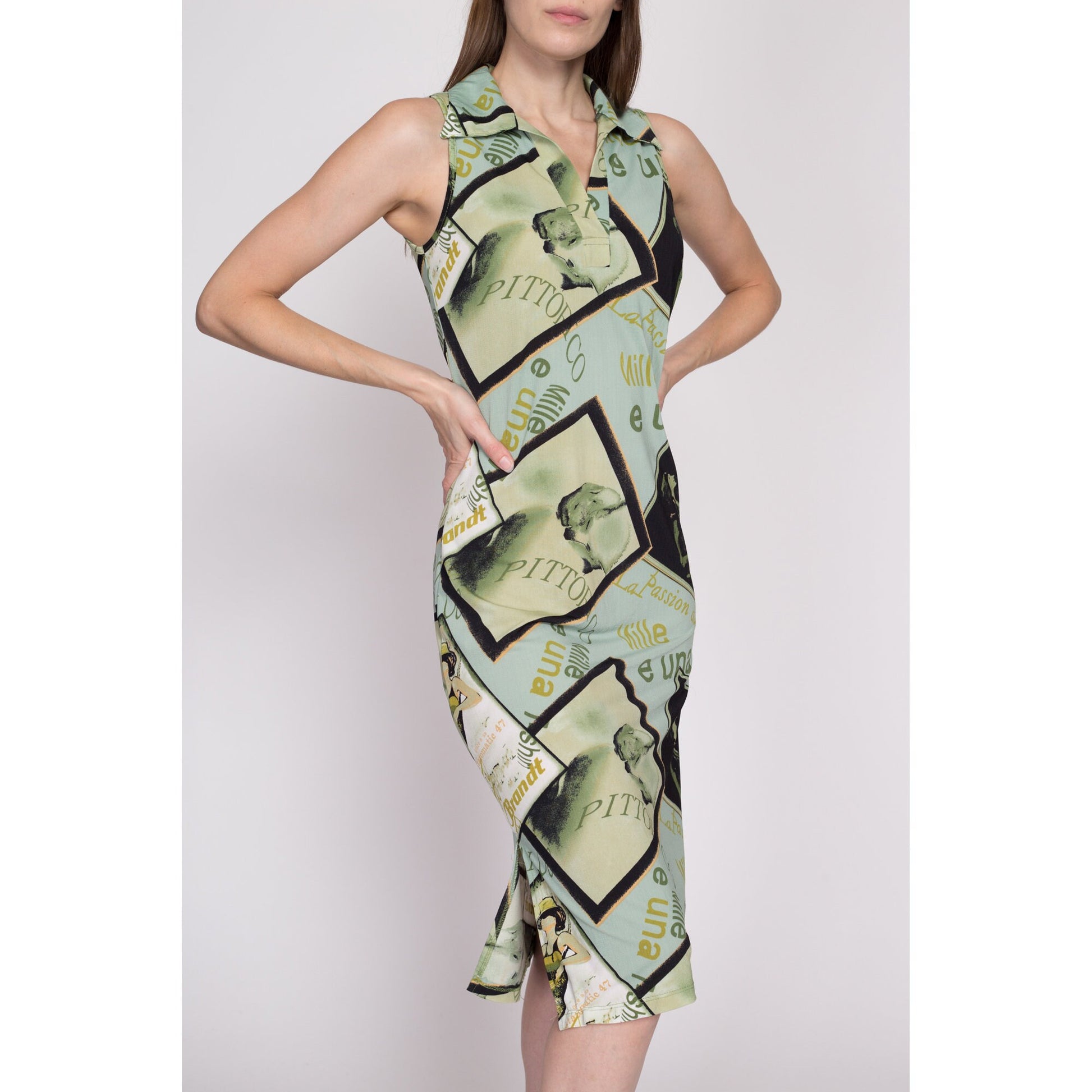 M| 90s Art Deco Graphic Midi Dress - Medium | Vintage Italian French Pop Art Advertisement All Over Print Sleeveless Shift