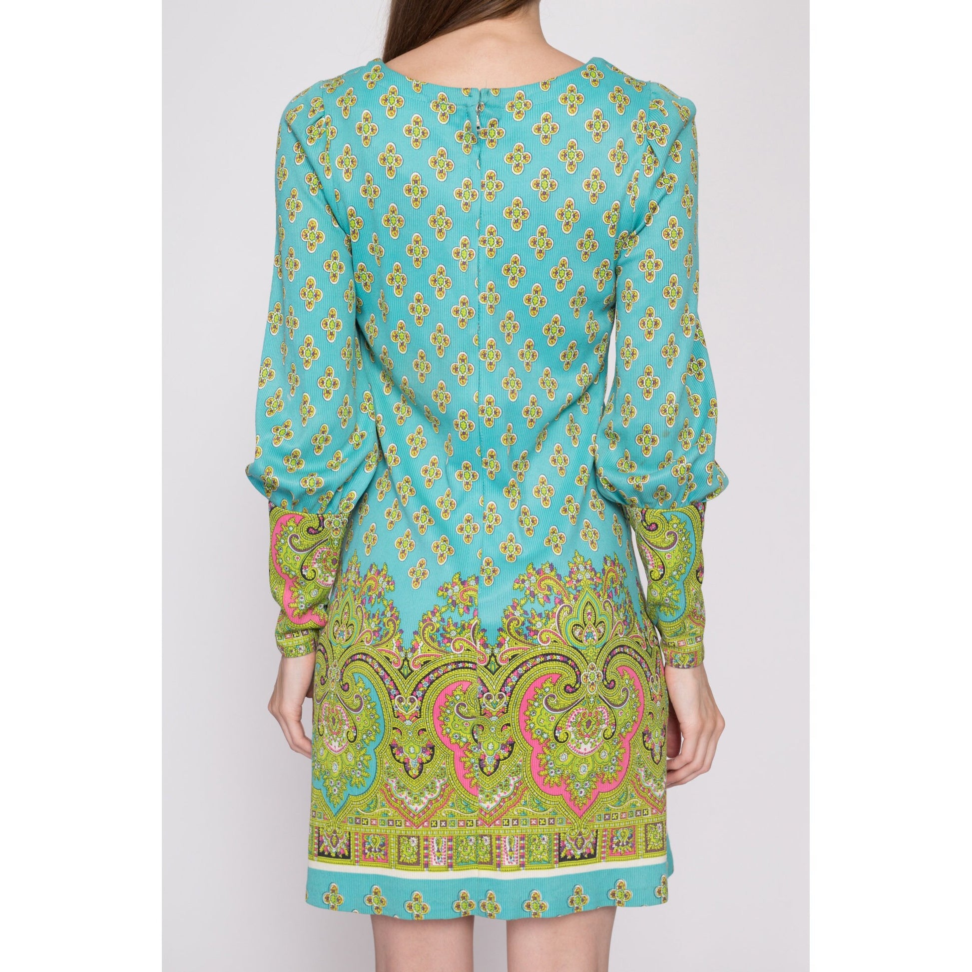 XS-S| 60s Psychedelic Paisley Print Mini Dress - XS to Small | Vintage Blue Green Long Sleeve A Line Shift Mod Minidress