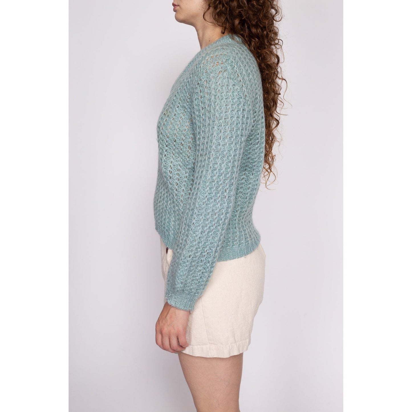 M| 70s Aqua Blue Mohair Wool Sweater - Medium | Vintage Sheer V Neck Open Weave Knit Pullover