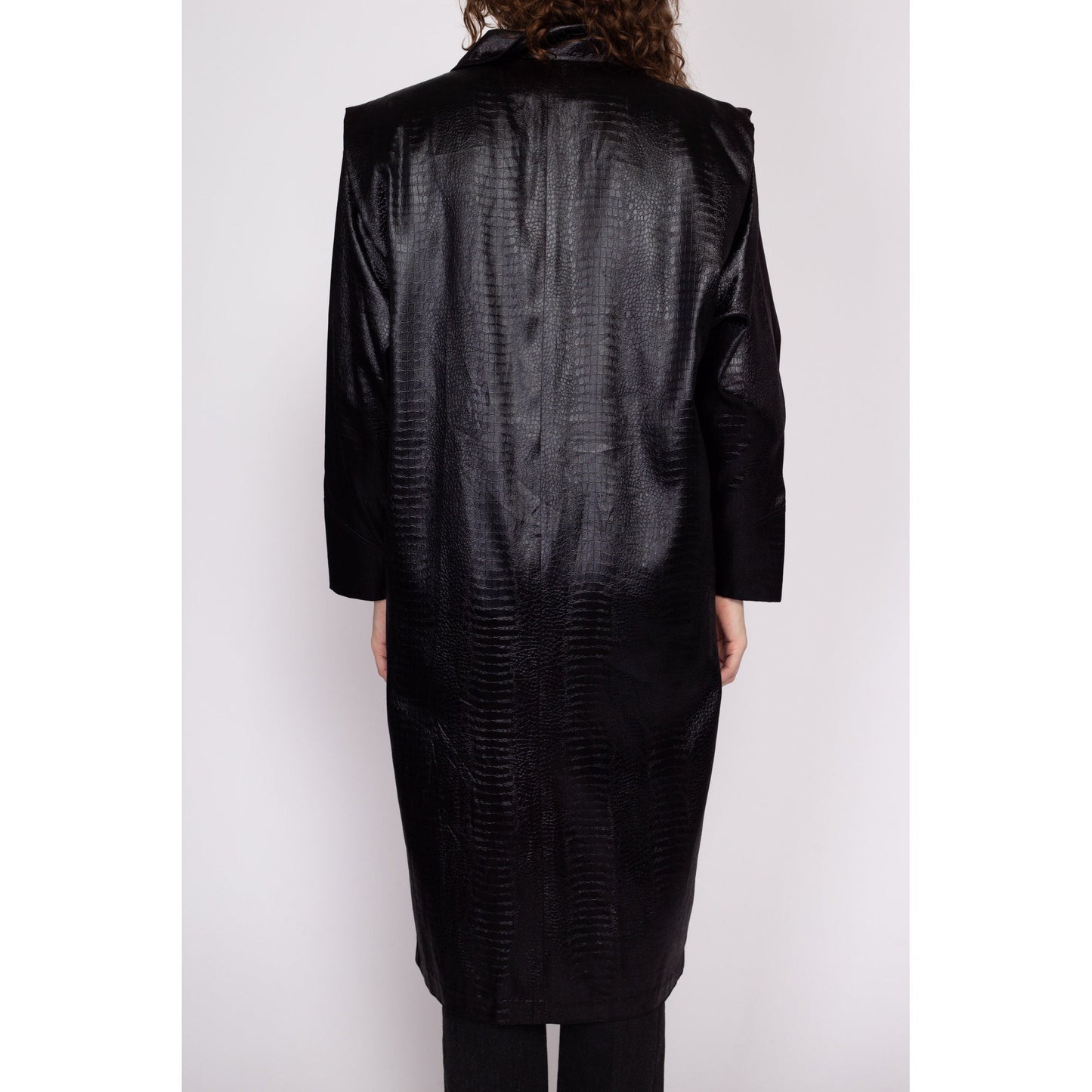 M| 80s Black Faux Crocodile Trench Coat - Medium | Vintage Wet Look Alligator Shiny Long Double Breasted Jacket