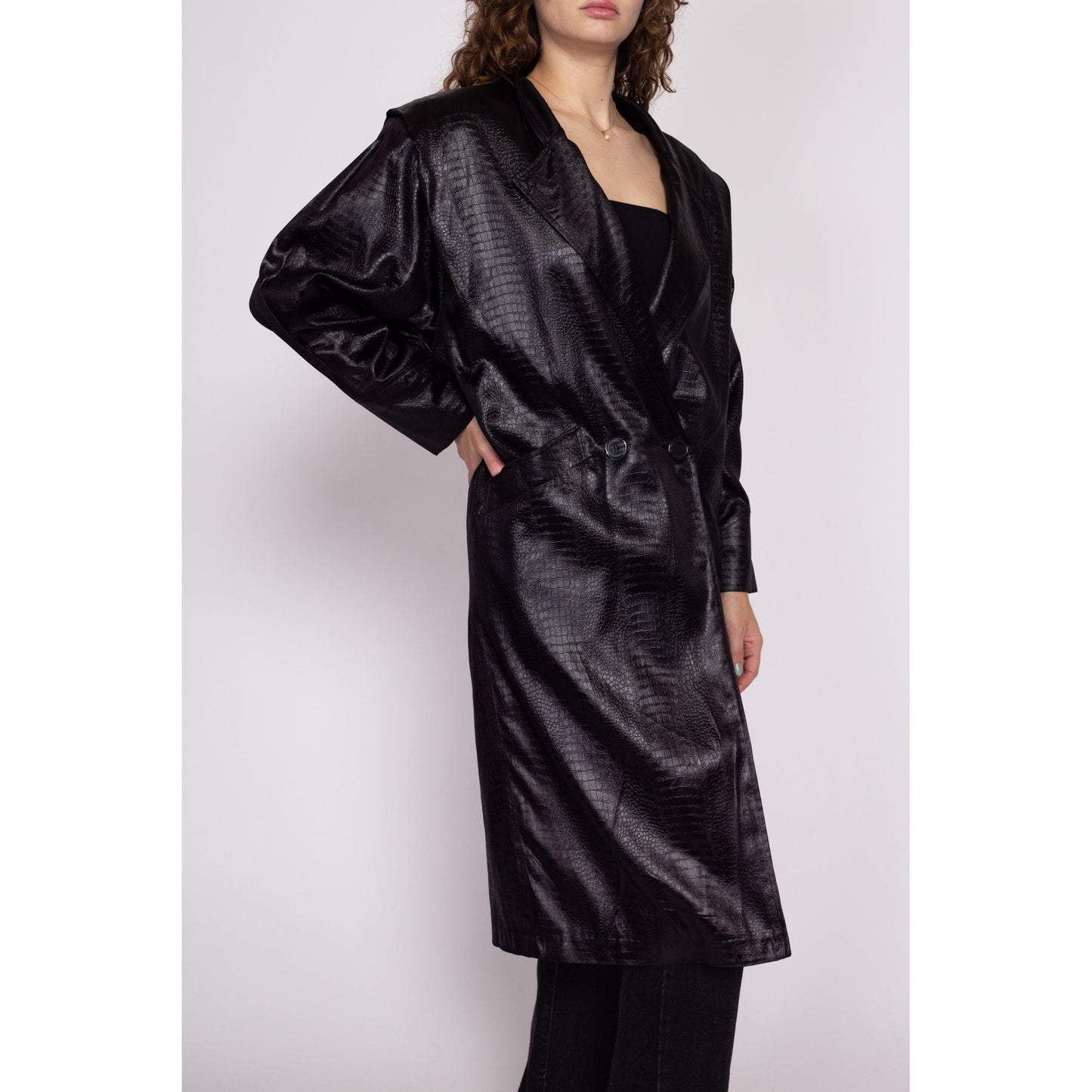 M| 80s Black Faux Crocodile Trench Coat - Medium | Vintage Wet Look Alligator Shiny Long Double Breasted Jacket
