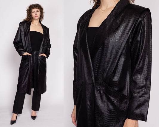 M| 80s Black Faux Crocodile Trench Coat - Medium | Vintage Wet Look Alligator Shiny Long Double Breasted Jacket