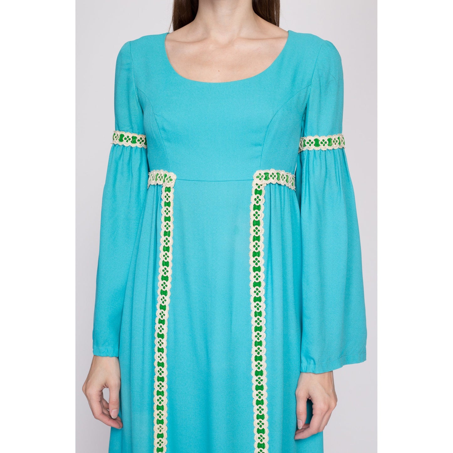 XS| 60s Boho Blue Empire Waist Bell Sleeve Maxi Dress, As Is - Extra Small | Vintage Aqua Lace Trim Hippie Renaissance Costume Gown