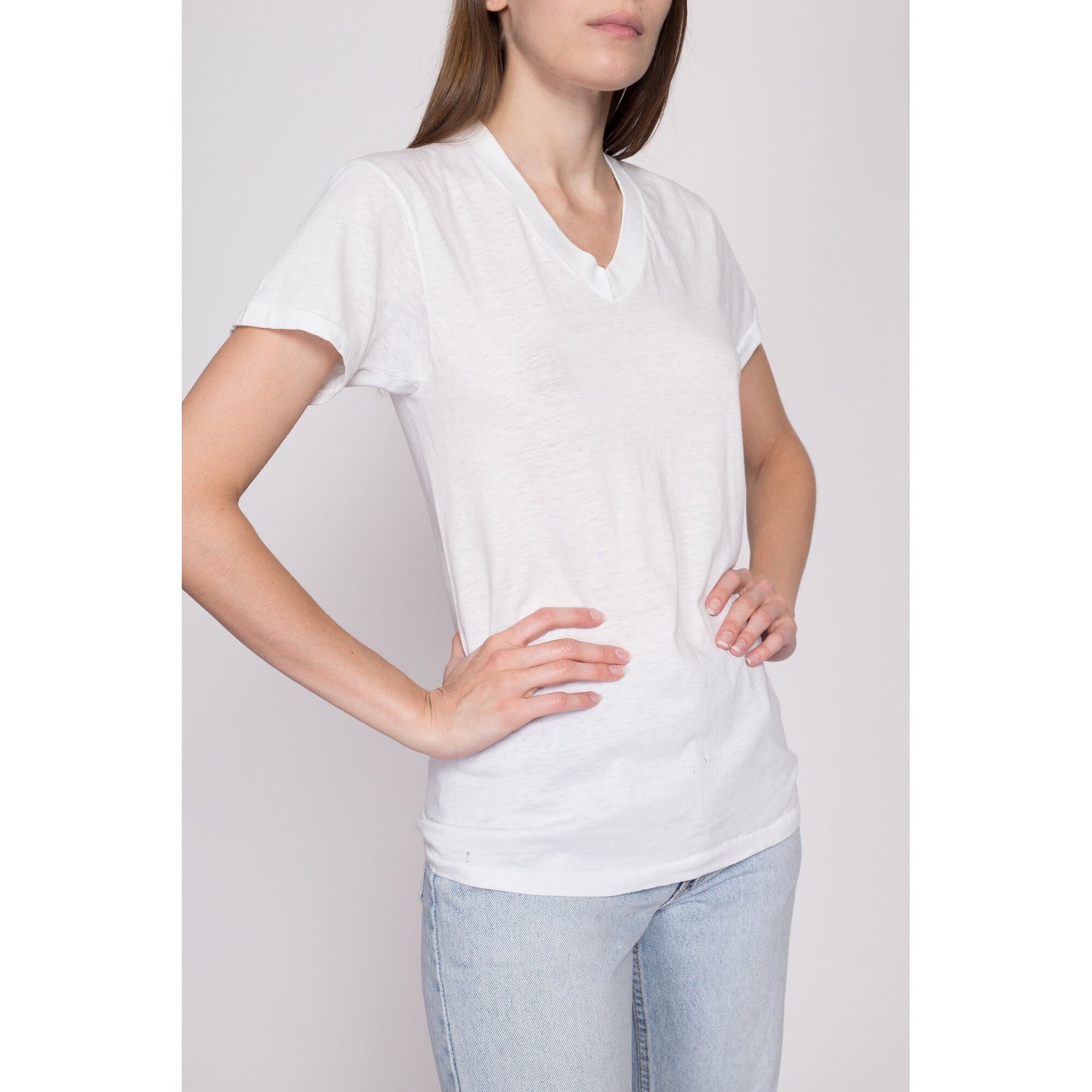 S-M| Vintage Paper Thin Blank White T Shirt - Small to Medium | 80s Single Stitch Unisex V Neck Tee Threadbare Undershirt
