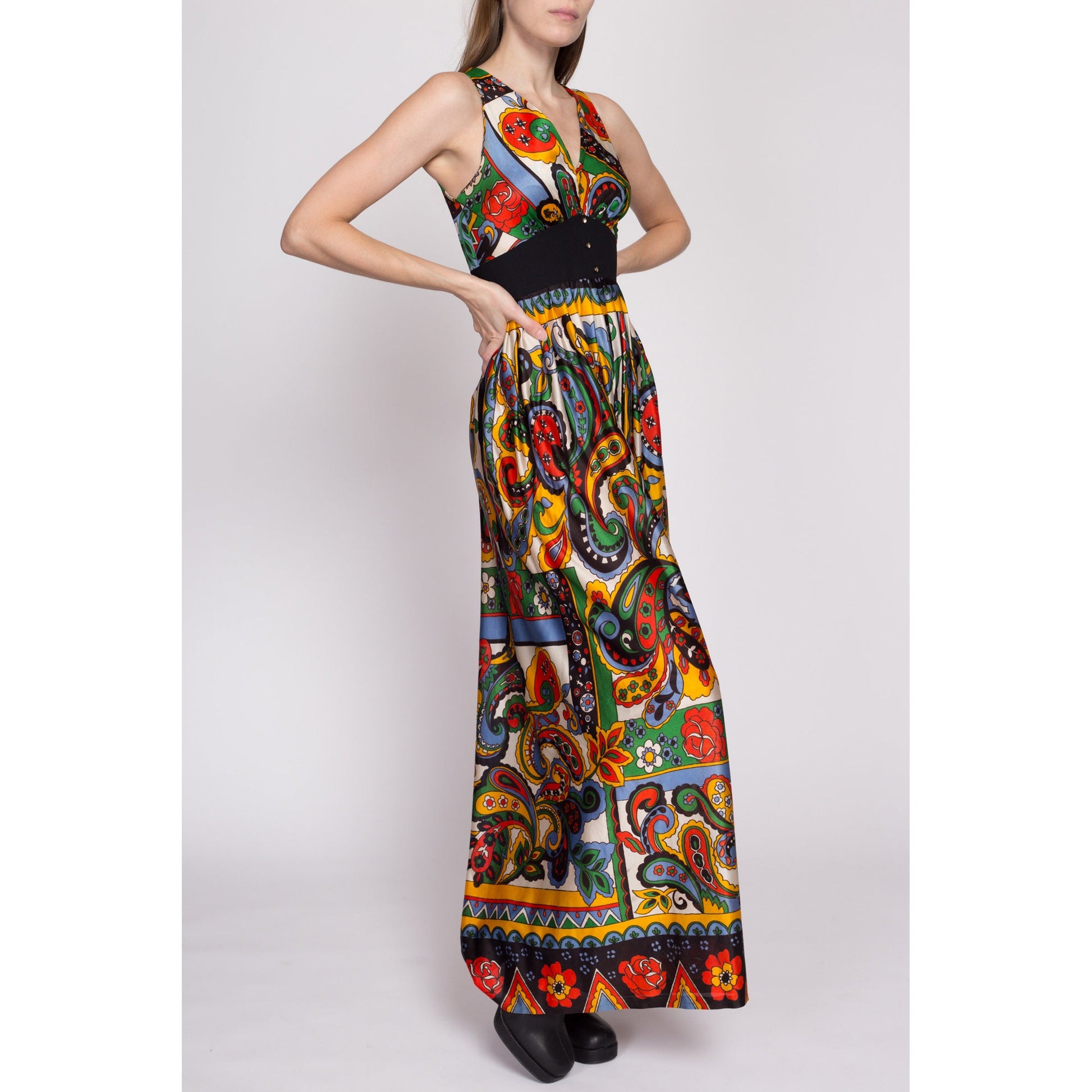 S| 60s 70s Boho Floral & Paisley Palazzo Jumpsuit - Small | Vintage Empire Waist Wide Leg Disco Hippie Pantsuit