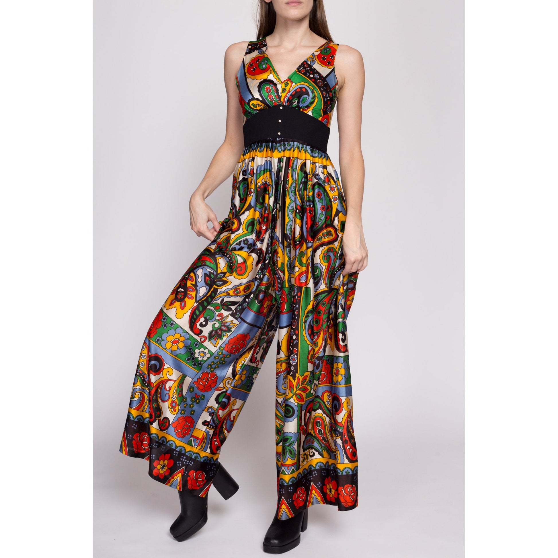 S| 60s 70s Boho Floral & Paisley Palazzo Jumpsuit - Small | Vintage Empire Waist Wide Leg Disco Hippie Pantsuit