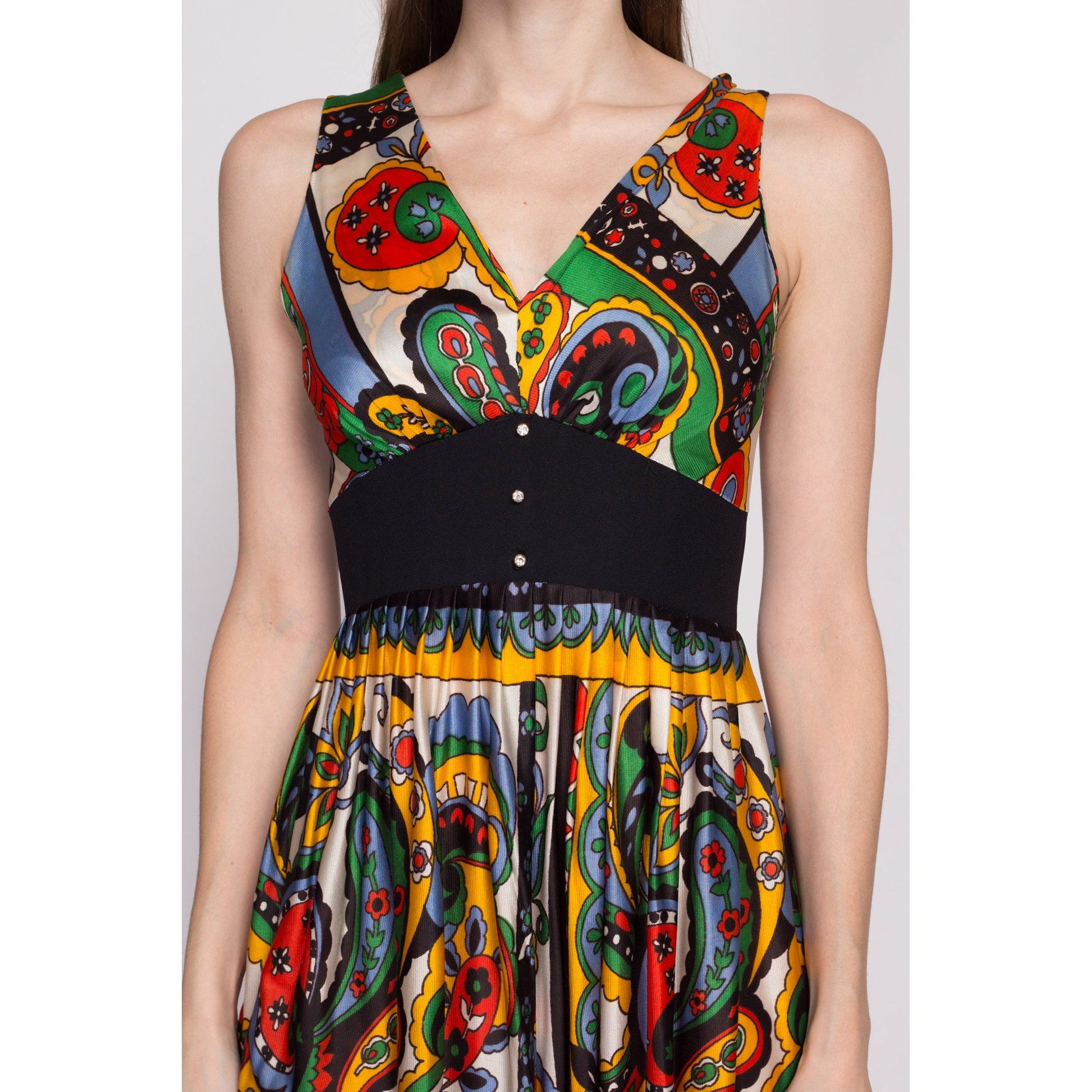 S| 60s 70s Boho Floral & Paisley Palazzo Jumpsuit - Small | Vintage Empire Waist Wide Leg Disco Hippie Pantsuit
