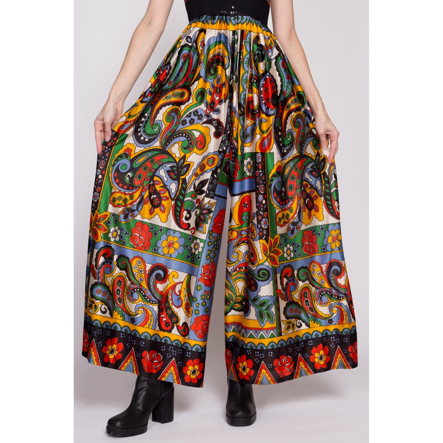 S| 60s 70s Boho Floral & Paisley Palazzo Jumpsuit - Small | Vintage Empire Waist Wide Leg Disco Hippie Pantsuit