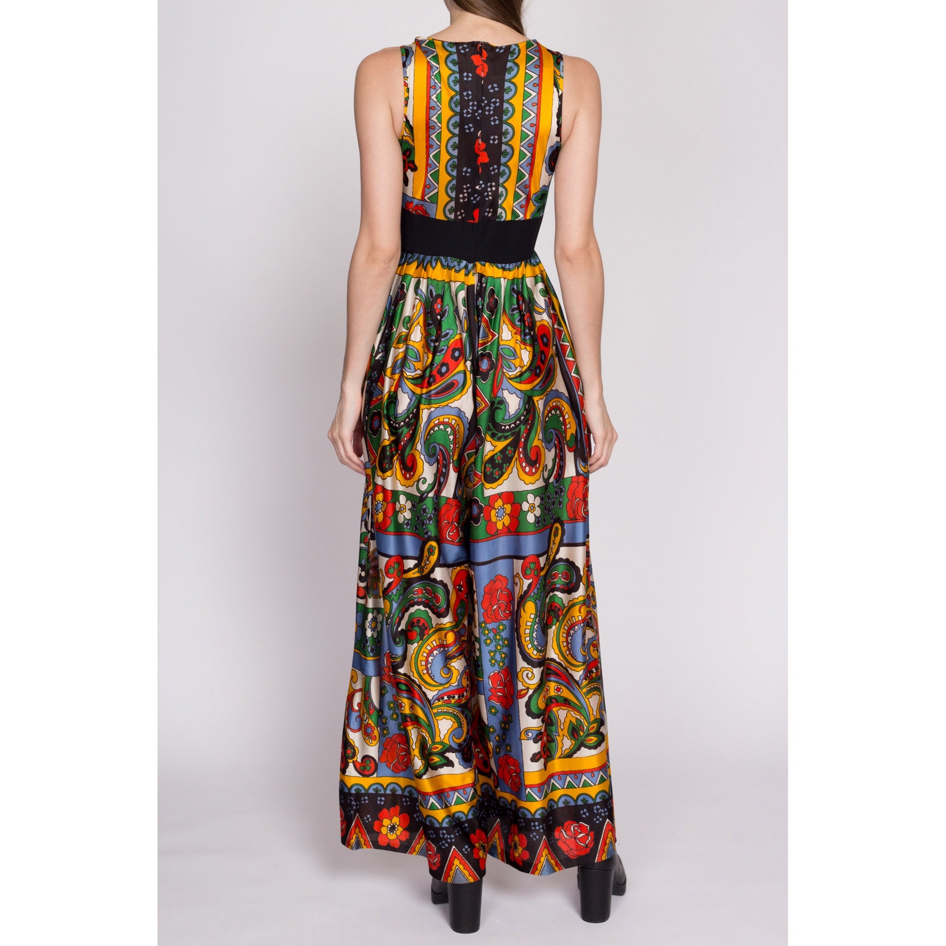 S| 60s 70s Boho Floral & Paisley Palazzo Jumpsuit - Small | Vintage Empire Waist Wide Leg Disco Hippie Pantsuit