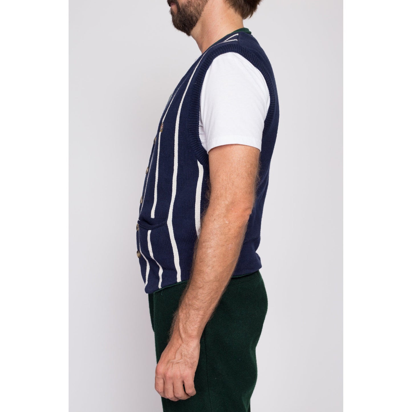 M| 80s Striped Cotton Knit Sweater Vest - Men's Medium | Vintage Blue Green Button Up V Neck Sleeveless Cardigan