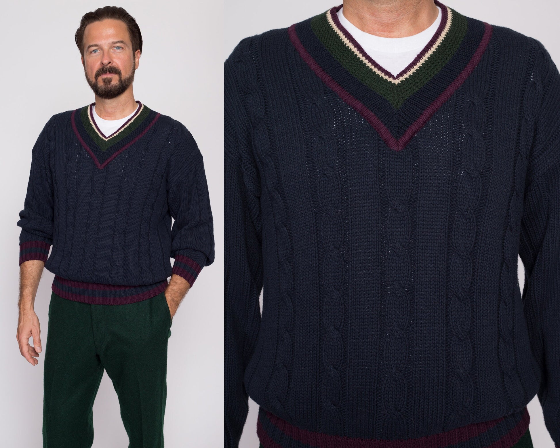 M| 90s Michael Gerald Cotton Cable Knit Tennis Sweater - Men's Medium | Vintage Navy Blue Preppy Striped V Neck Cricket Pullover