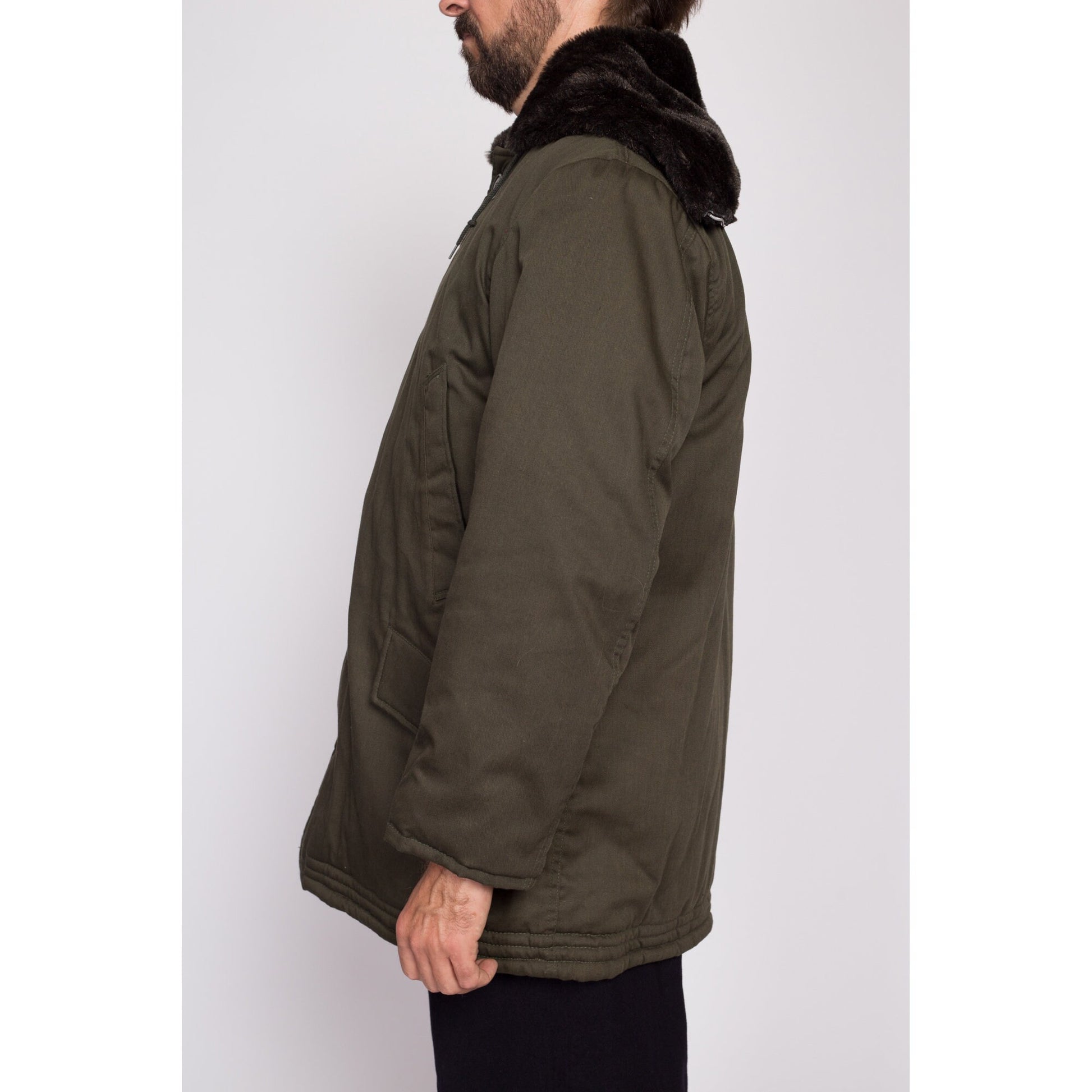 M| 80s Golden Fleece Hooded Army Green Parka Jacket - Men's Medium Short | Vintage Industrial Outerwear Split Zip Hood Oversize Coat