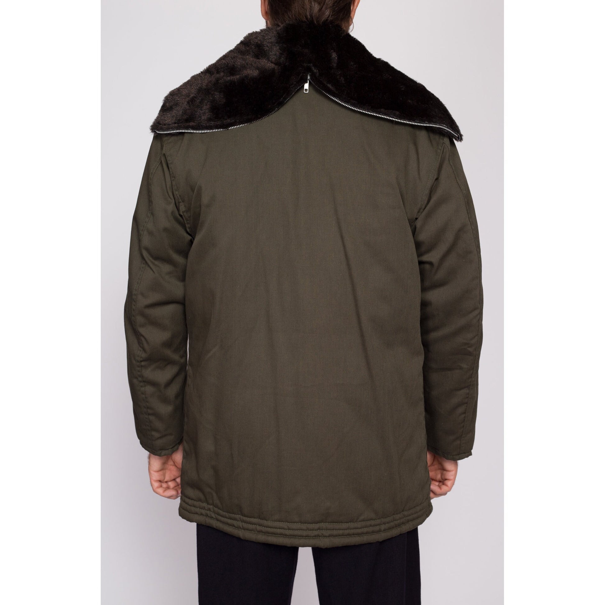 M| 80s Golden Fleece Hooded Army Green Parka Jacket - Men's Medium Short | Vintage Industrial Outerwear Split Zip Hood Oversize Coat