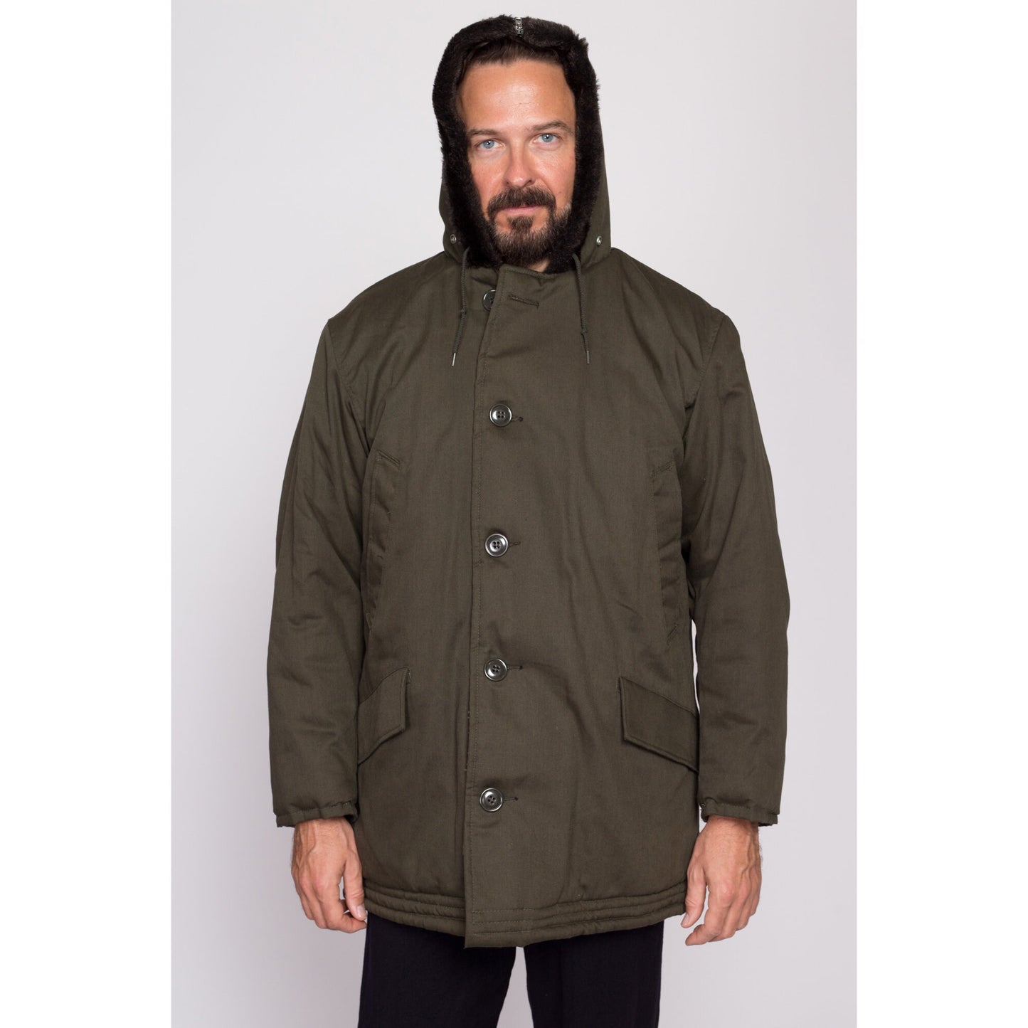 M| 80s Golden Fleece Hooded Army Green Parka Jacket - Men's Medium Short | Vintage Industrial Outerwear Split Zip Hood Oversize Coat