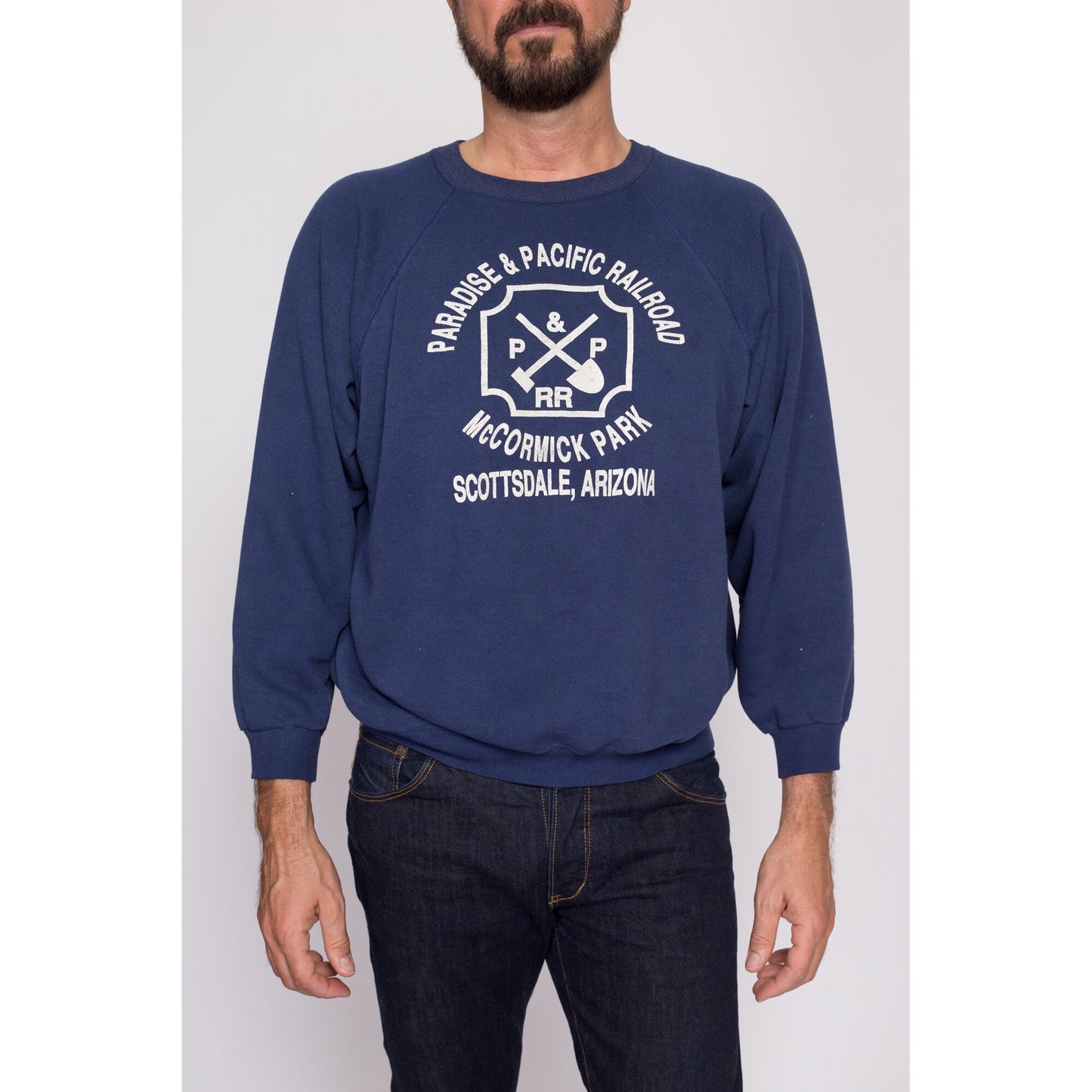 L| 80s Paradise And Pacific Railroad Sweatshirt - Men's Large Short | Vintage Scottsdale Arizona Navy Blue Raglan Sleeve Crewneck