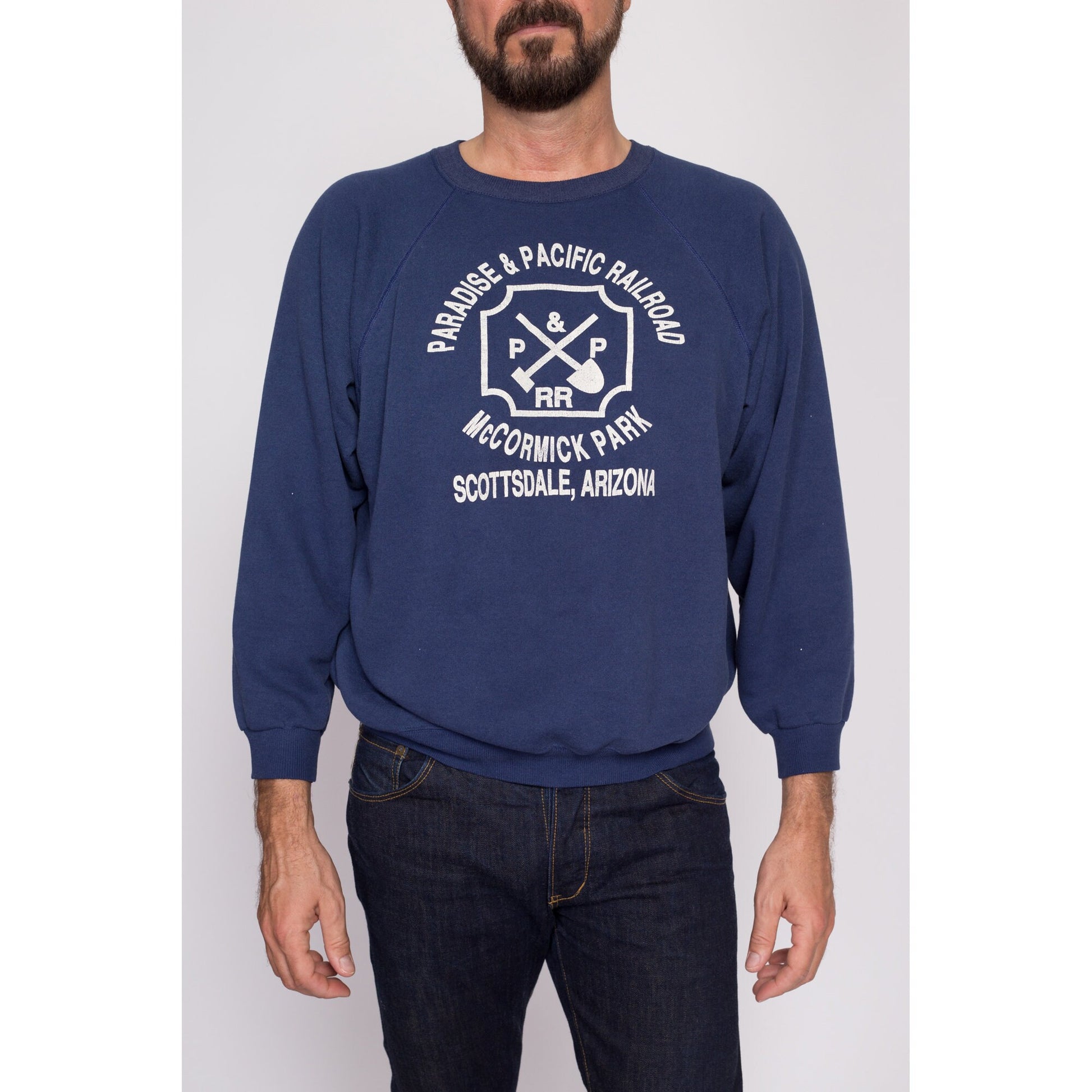 L| 80s Paradise And Pacific Railroad Sweatshirt - Men's Large Short | Vintage Scottsdale Arizona Navy Blue Raglan Sleeve Crewneck