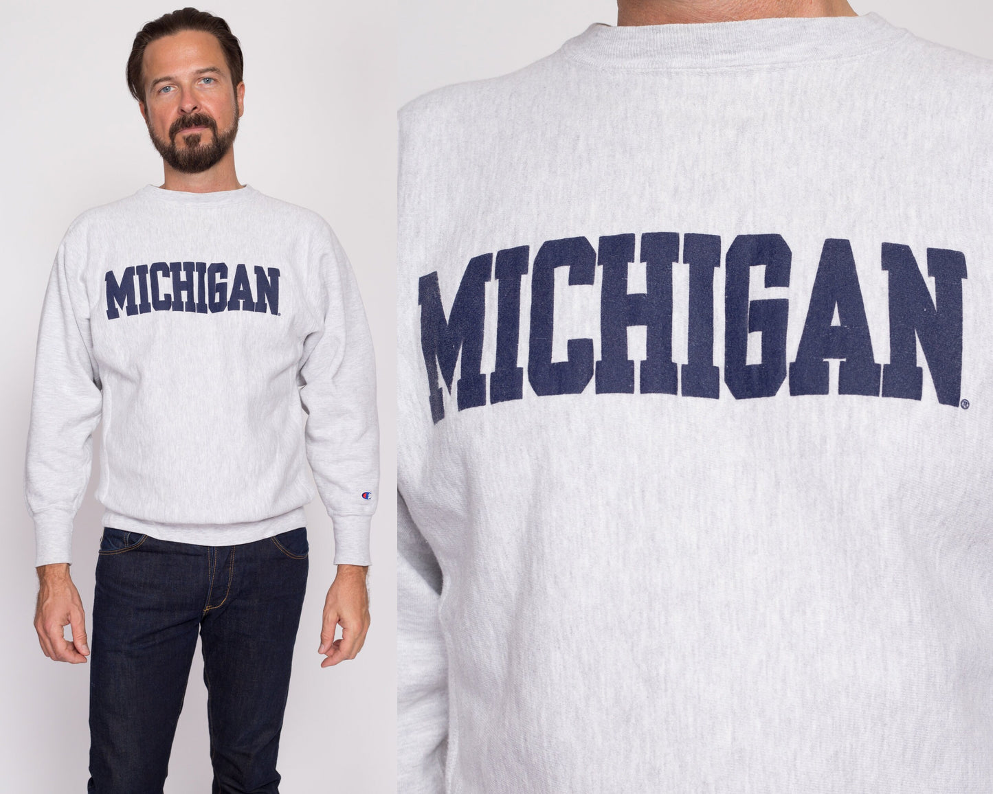 M| 90s University Of Michigan Champion Reverse Weave Sweatshirt - Men's Medium | Vintage Heather Grey Collegiate Crew Neck Pullover