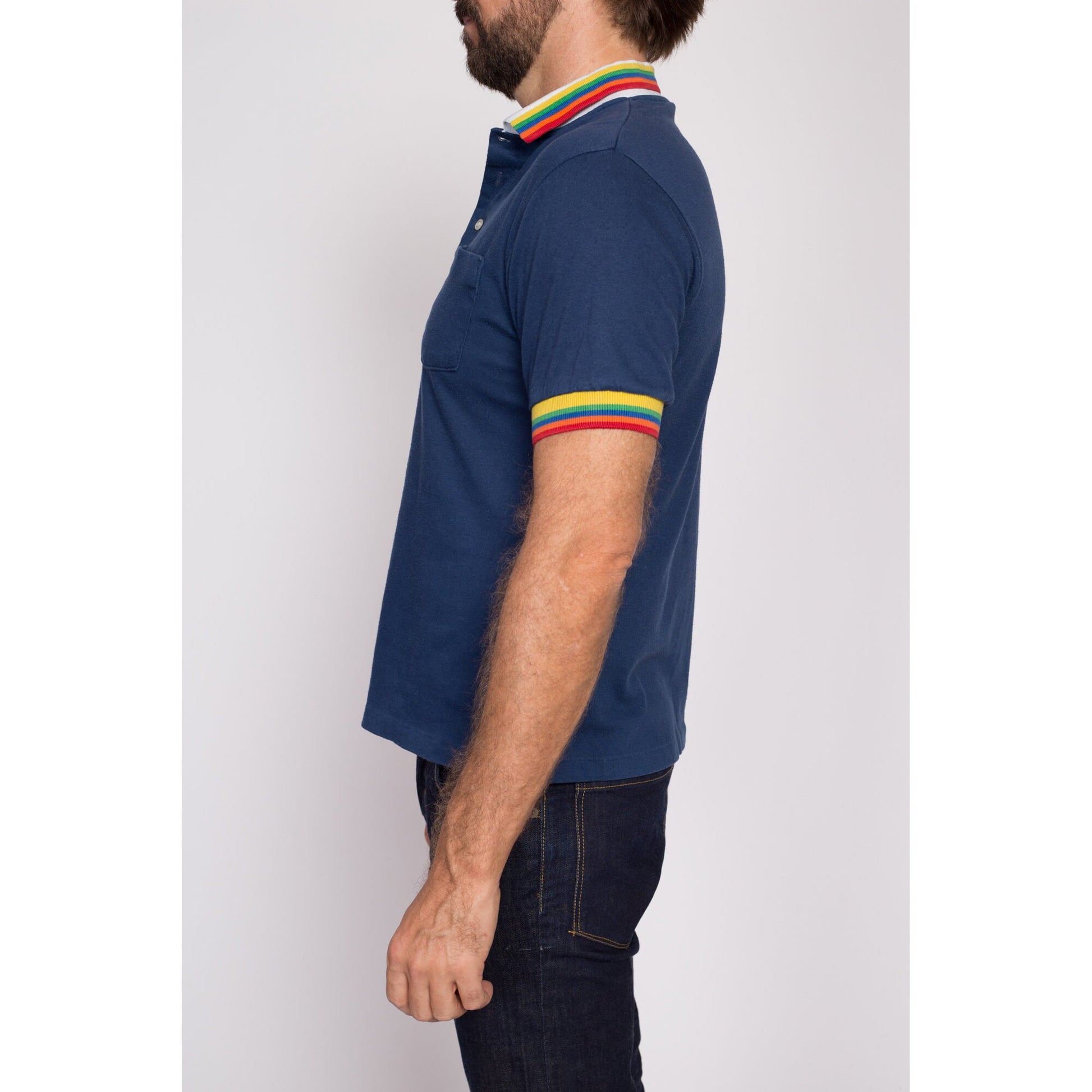M| 80s Rainbow Striped Polo Shirt - Men's Medium | Vintage Balsam Lake Staff Uniform Short Sleeve Collared Shirt