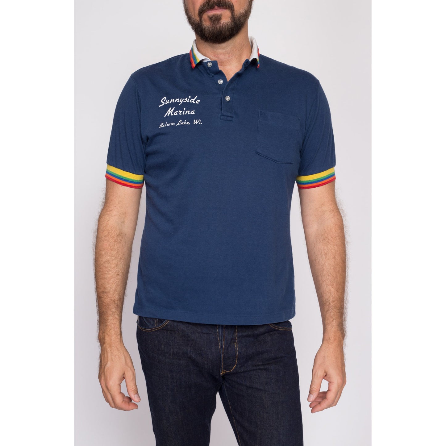 M| 80s Rainbow Striped Polo Shirt - Men's Medium | Vintage Balsam Lake Staff Uniform Short Sleeve Collared Shirt