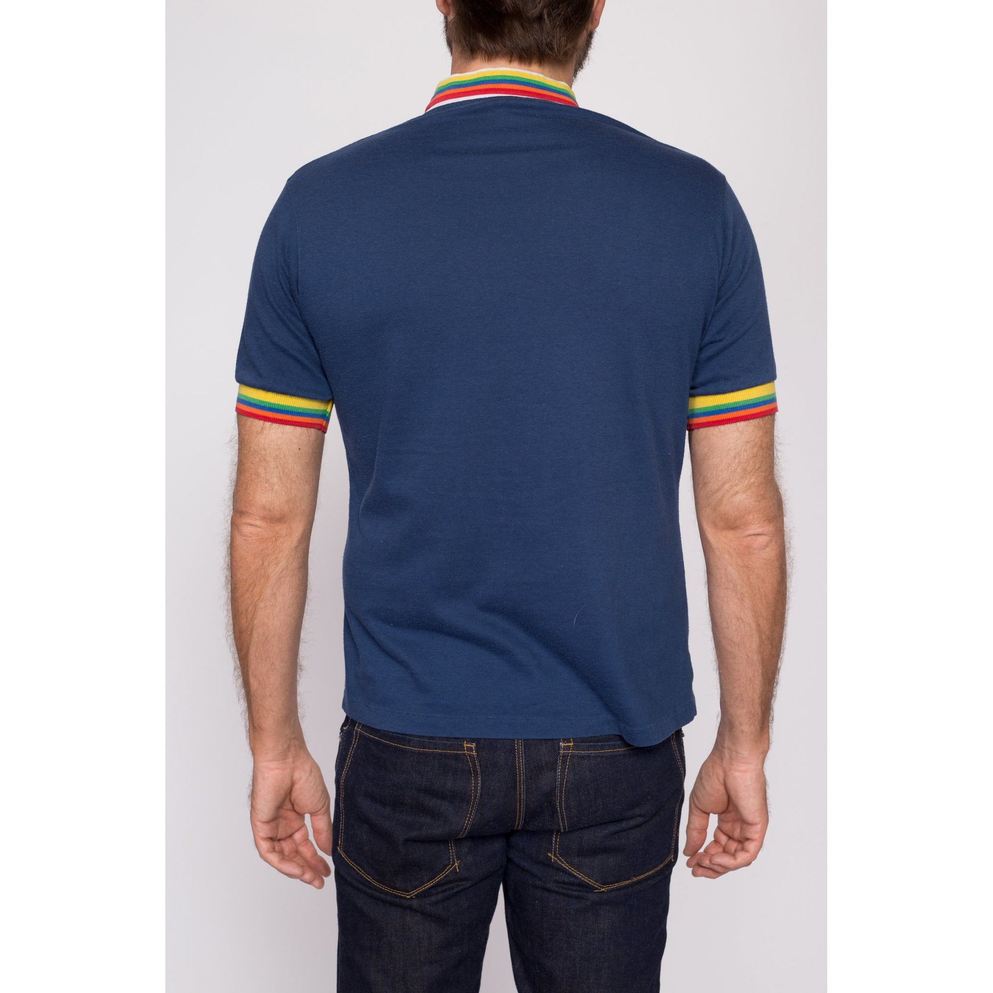 M| 80s Rainbow Striped Polo Shirt - Men's Medium | Vintage Balsam Lake Staff Uniform Short Sleeve Collared Shirt