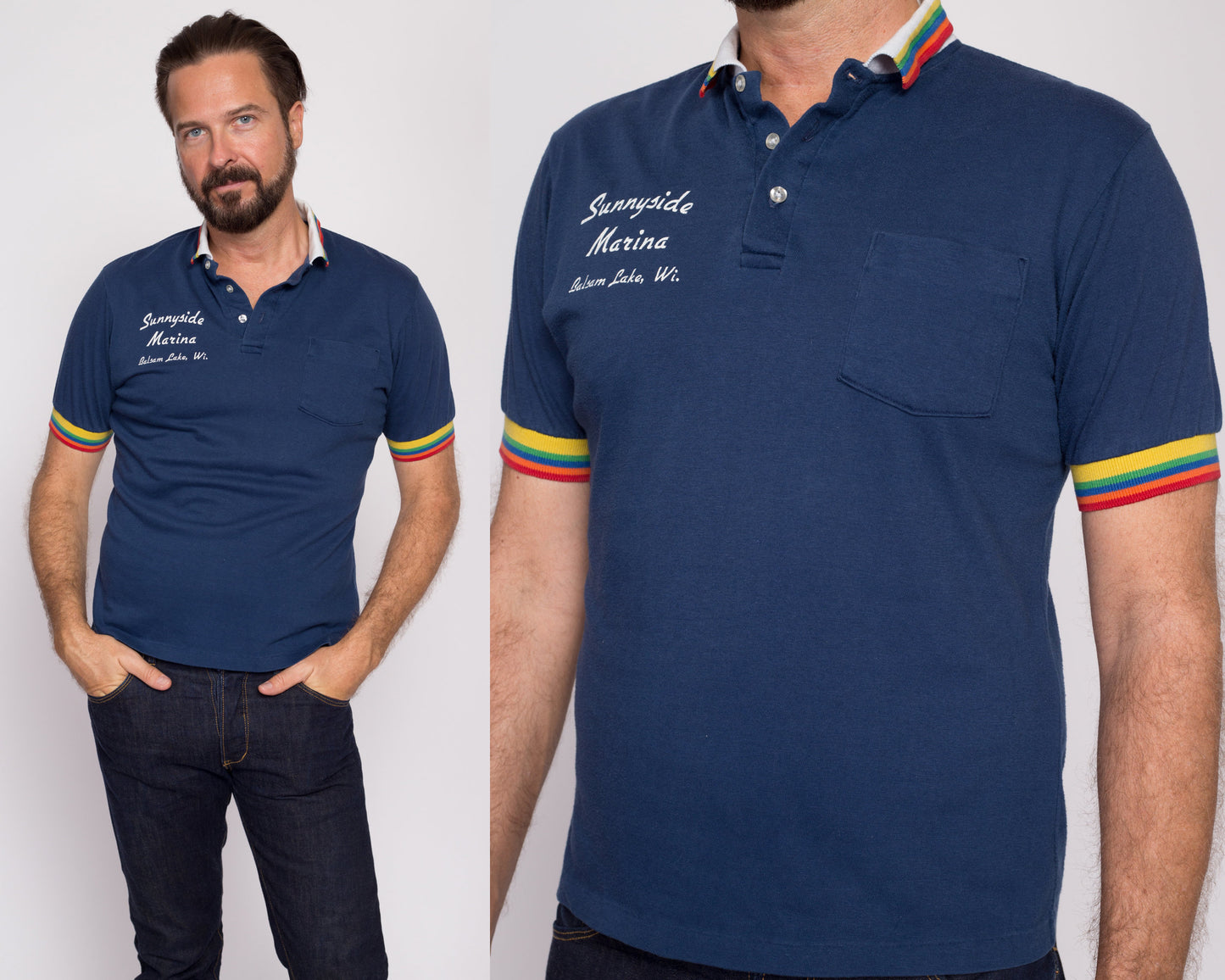 M| 80s Rainbow Striped Polo Shirt - Men's Medium | Vintage Balsam Lake Staff Uniform Short Sleeve Collared Shirt