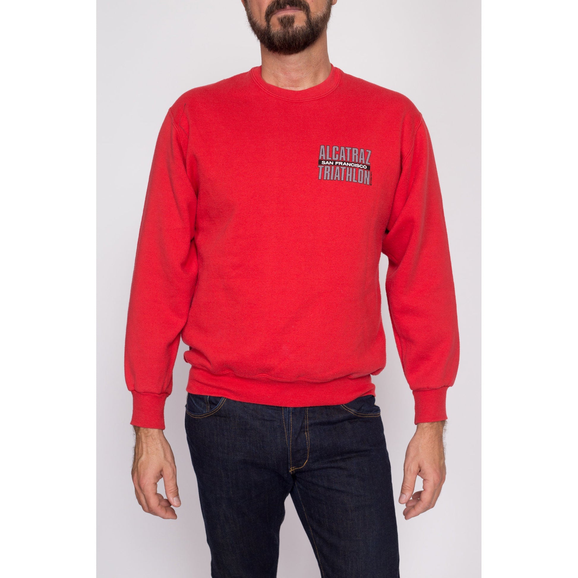 M| 90s Alcatraz Triathalon Sweatshirt - Men's Medium | Vintage Red San Francisco Crazy Shirts Funny Graphic Crewneck