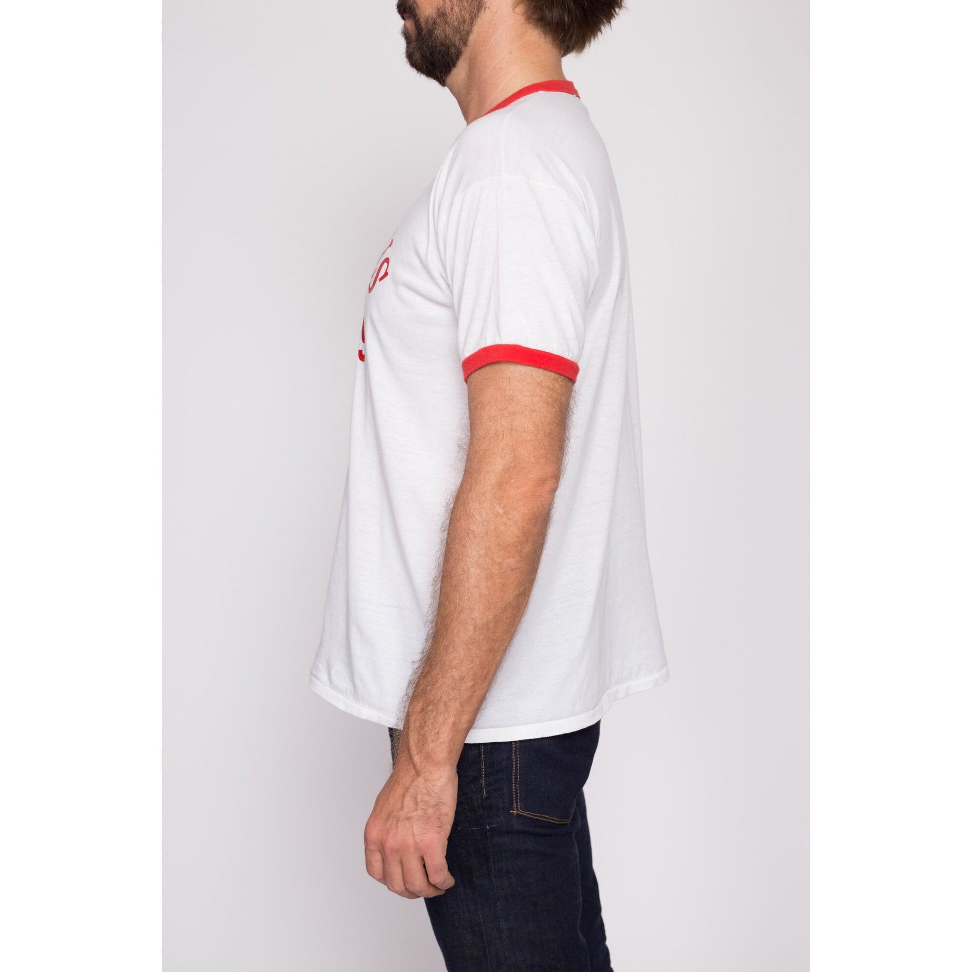 L| 80s "Life Begins At 39" Funny Birthday T Shirt - Men's Large | Vintage White Red Gymnast Graphic Ringer Tee