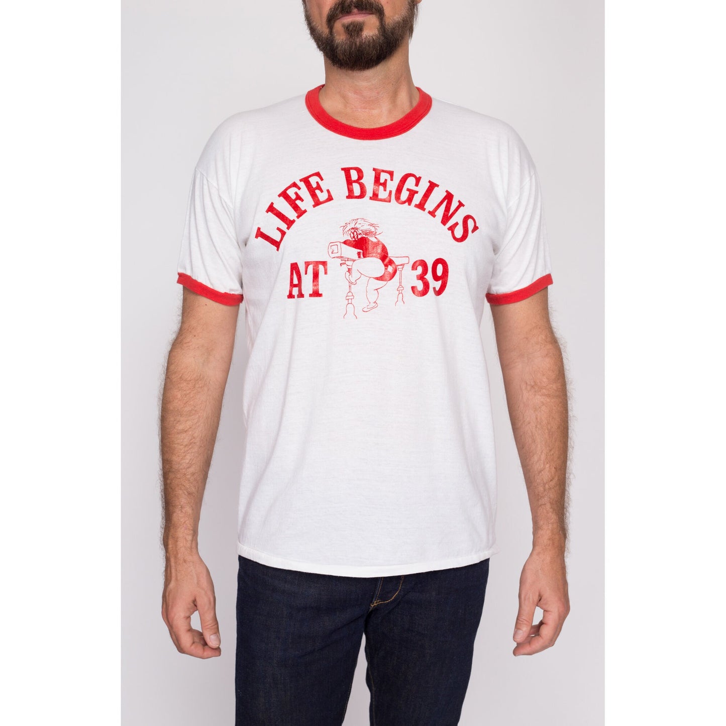 L| 80s "Life Begins At 39" Funny Birthday T Shirt - Men's Large | Vintage White Red Gymnast Graphic Ringer Tee