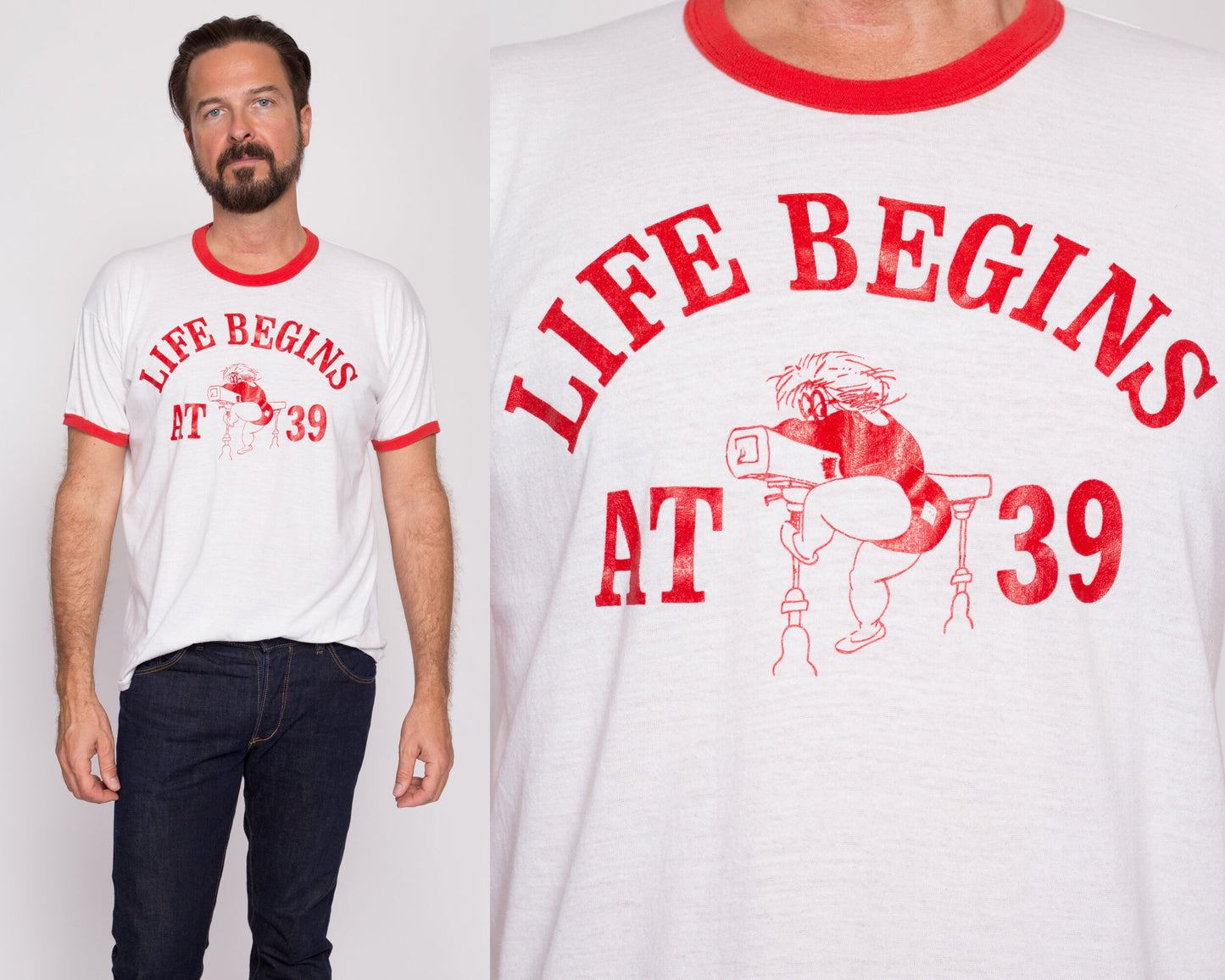 L| 80s "Life Begins At 39" Funny Birthday T Shirt - Men's Large | Vintage White Red Gymnast Graphic Ringer Tee