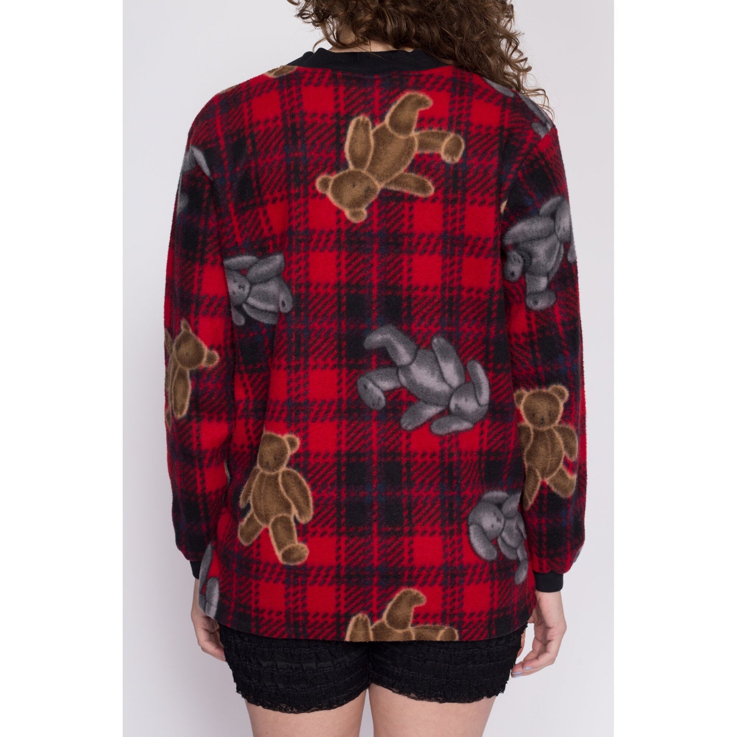 Medium 90s Teddy Bear Fleece Pajama Top | Vintage Red & Black Plaid Soft Sleep Shirt