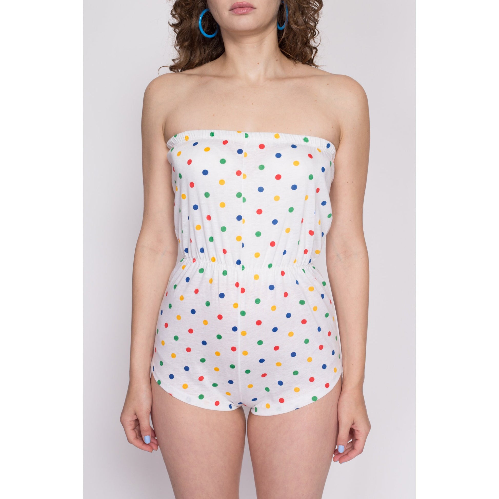 Petite Small 70s White Polka Dot Strapless Romper | Vintage Girly Onesie Micro Mini Playsuit