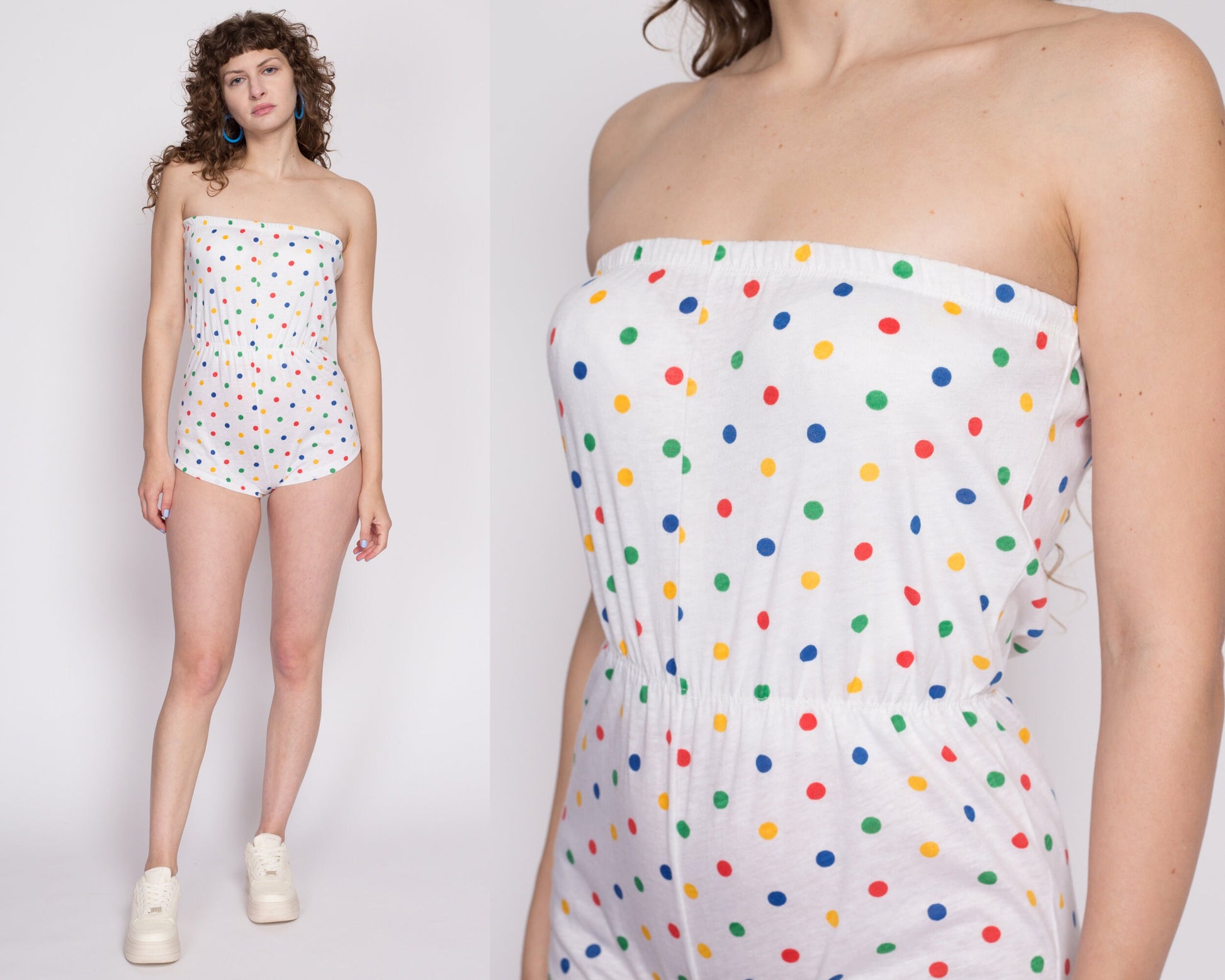 Petite Small 70s White Polka Dot Strapless Romper | Vintage Girly Onesie Micro Mini Playsuit