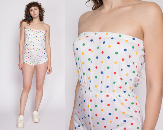 Petite Small 70s White Polka Dot Strapless Romper | Vintage Girly Onesie Micro Mini Playsuit