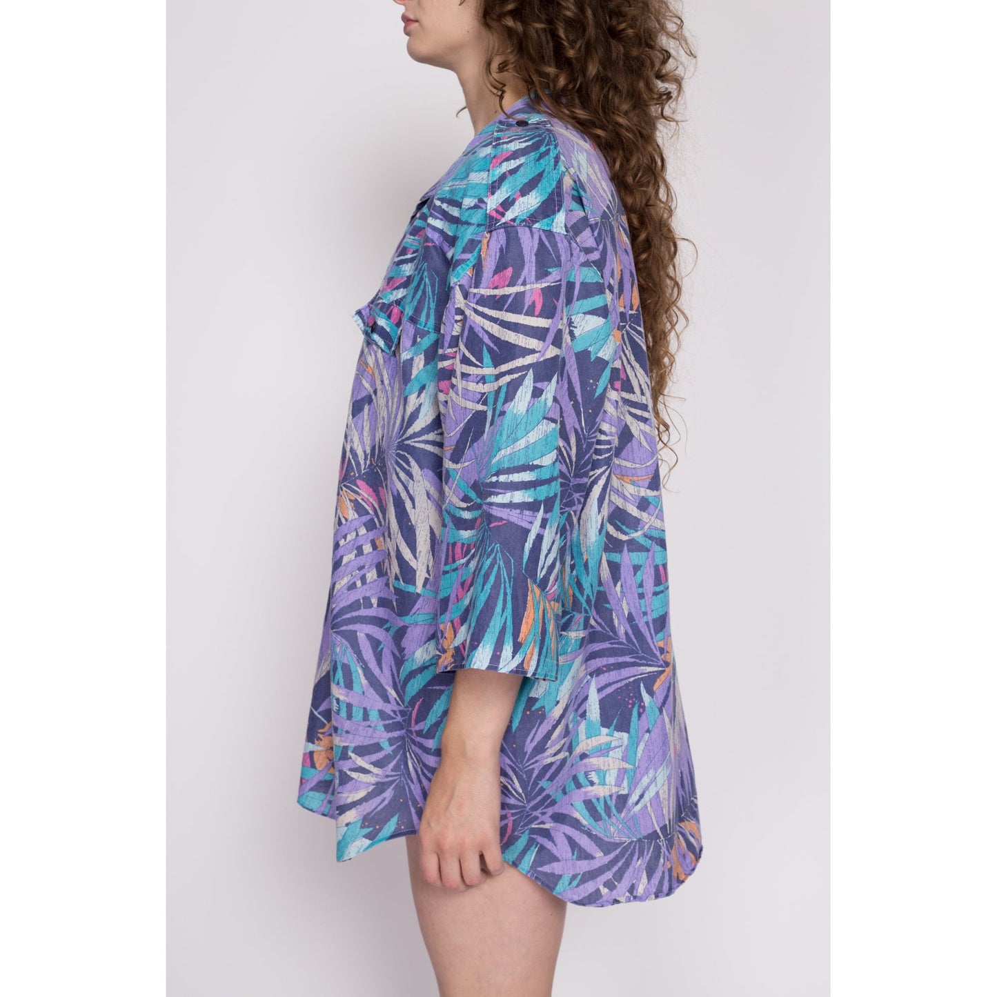 3X 80s Tropical Palm Leaf Print Shirt | Vintage Blue Purple Button Up 3/4 Sleeve Hawaiian Aloha Top