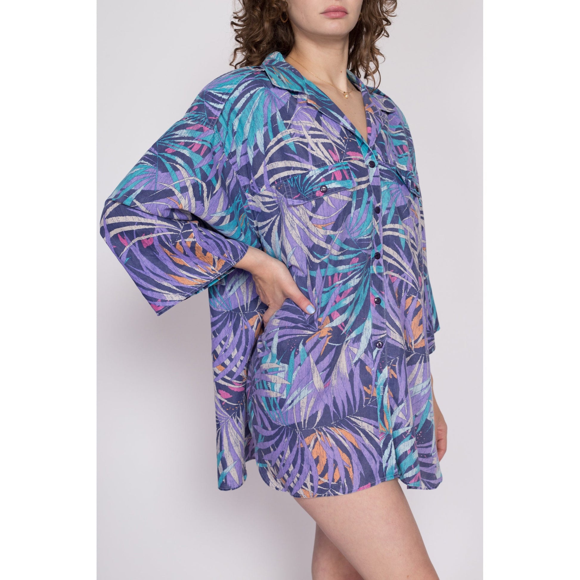3X 80s Tropical Palm Leaf Print Shirt | Vintage Blue Purple Button Up 3/4 Sleeve Hawaiian Aloha Top
