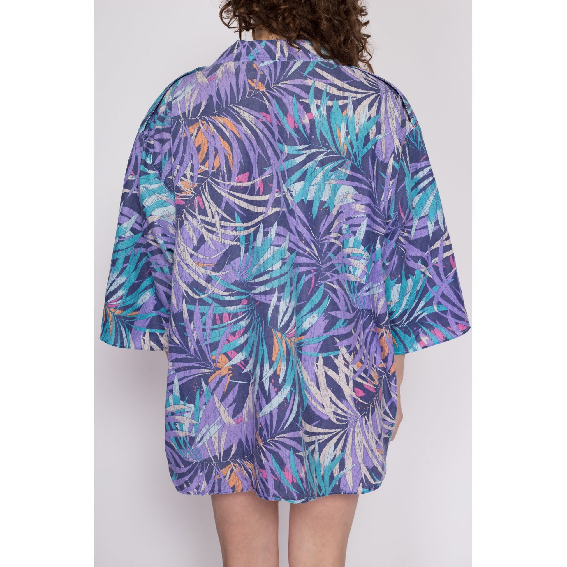 3X 80s Tropical Palm Leaf Print Shirt | Vintage Blue Purple Button Up 3/4 Sleeve Hawaiian Aloha Top