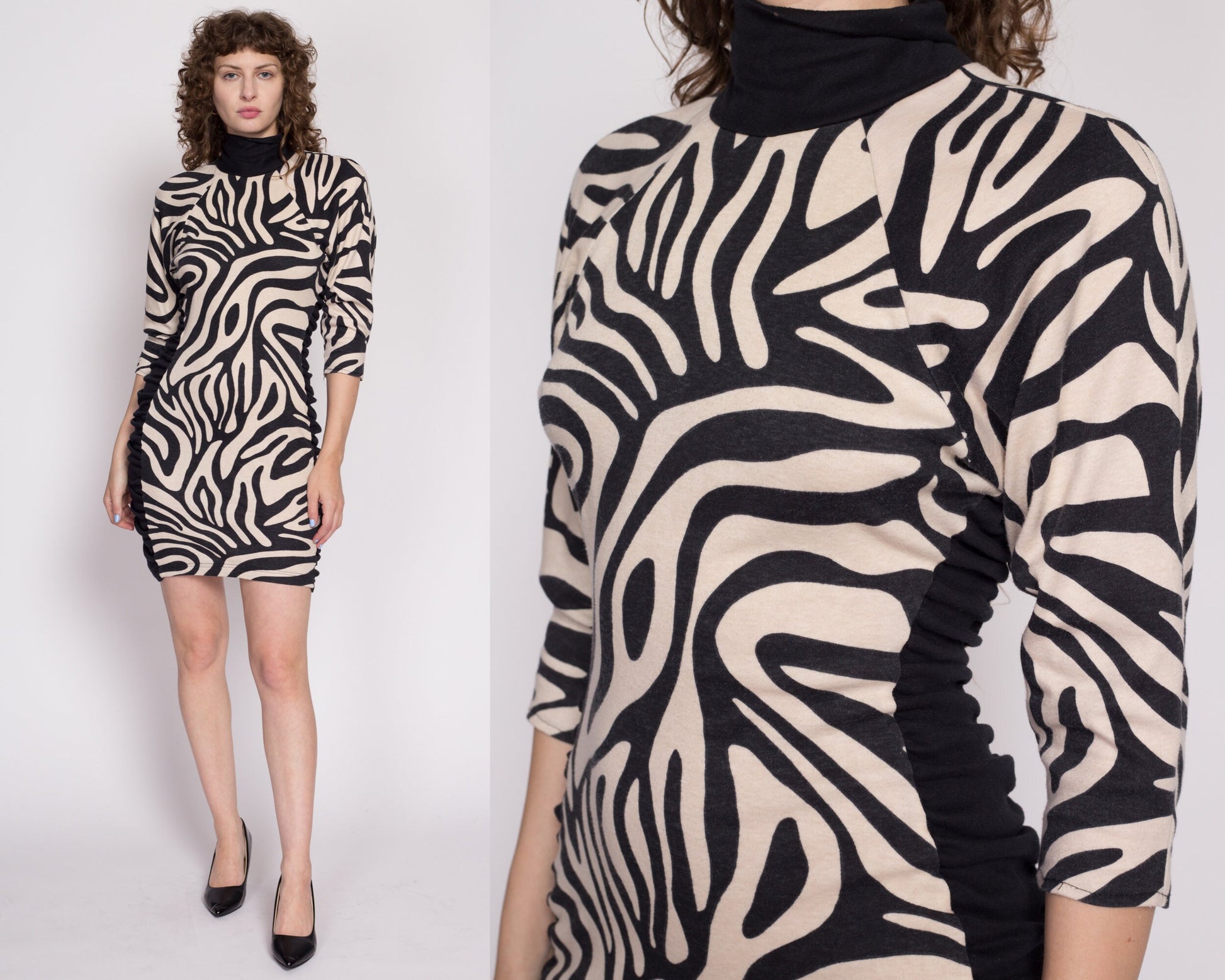 Medium 80s Zebra Stripe Bodycon Turtleneck Dress | Vintage Abstract Animal Print Ruched Fitted Mini Dress