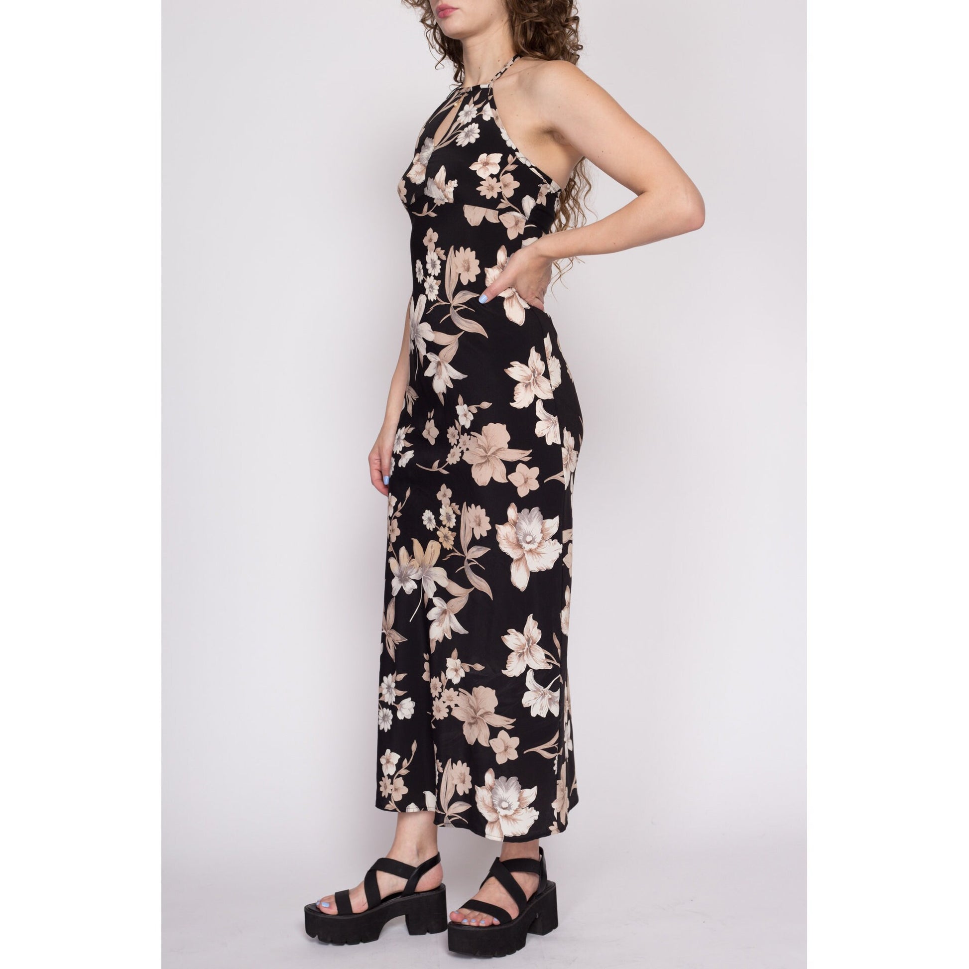 XS 90s Boho Black Floral Halter Maxi Dress | Vintage Tropical Flower Print Keyhole Neck Sundress