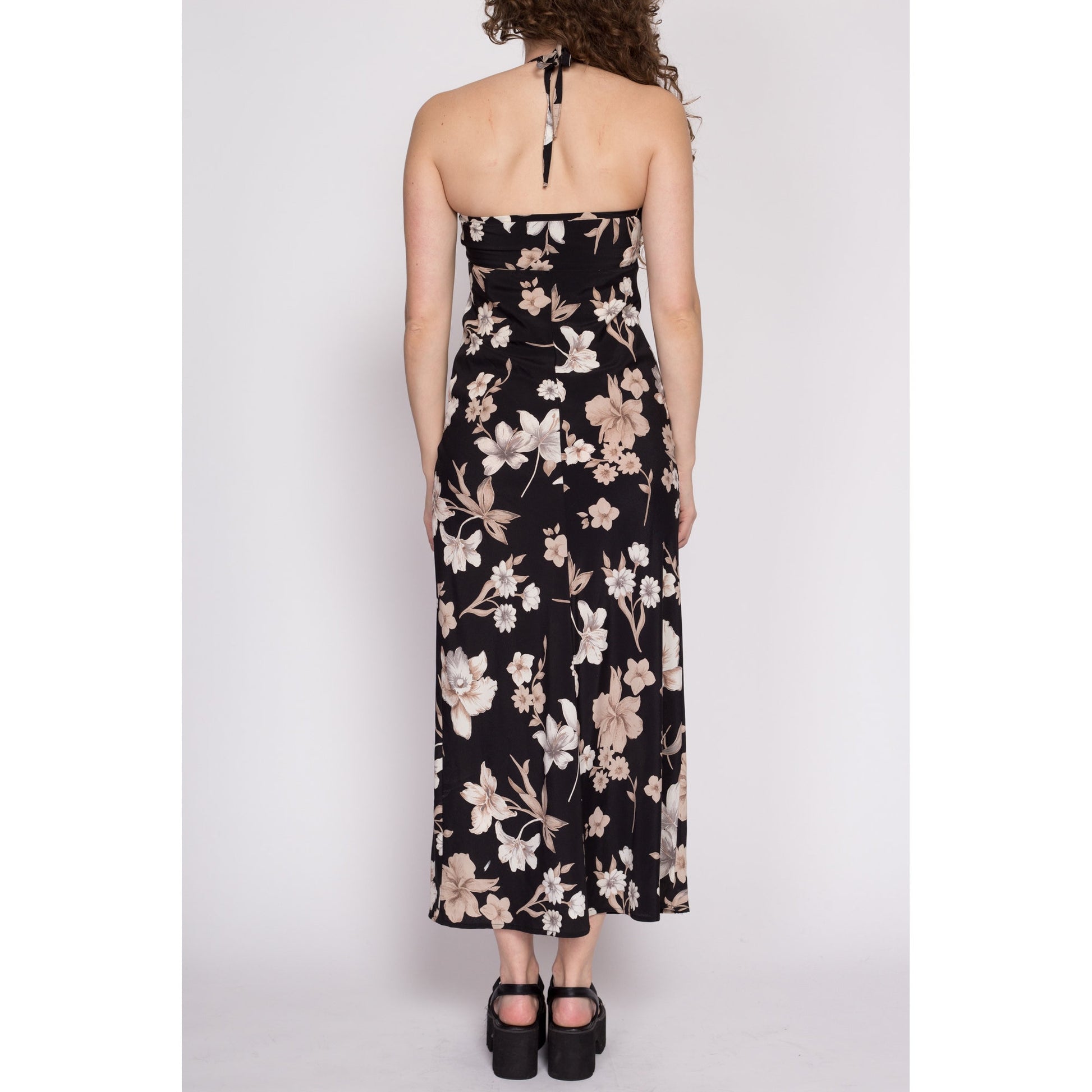 XS 90s Boho Black Floral Halter Maxi Dress | Vintage Tropical Flower Print Keyhole Neck Sundress