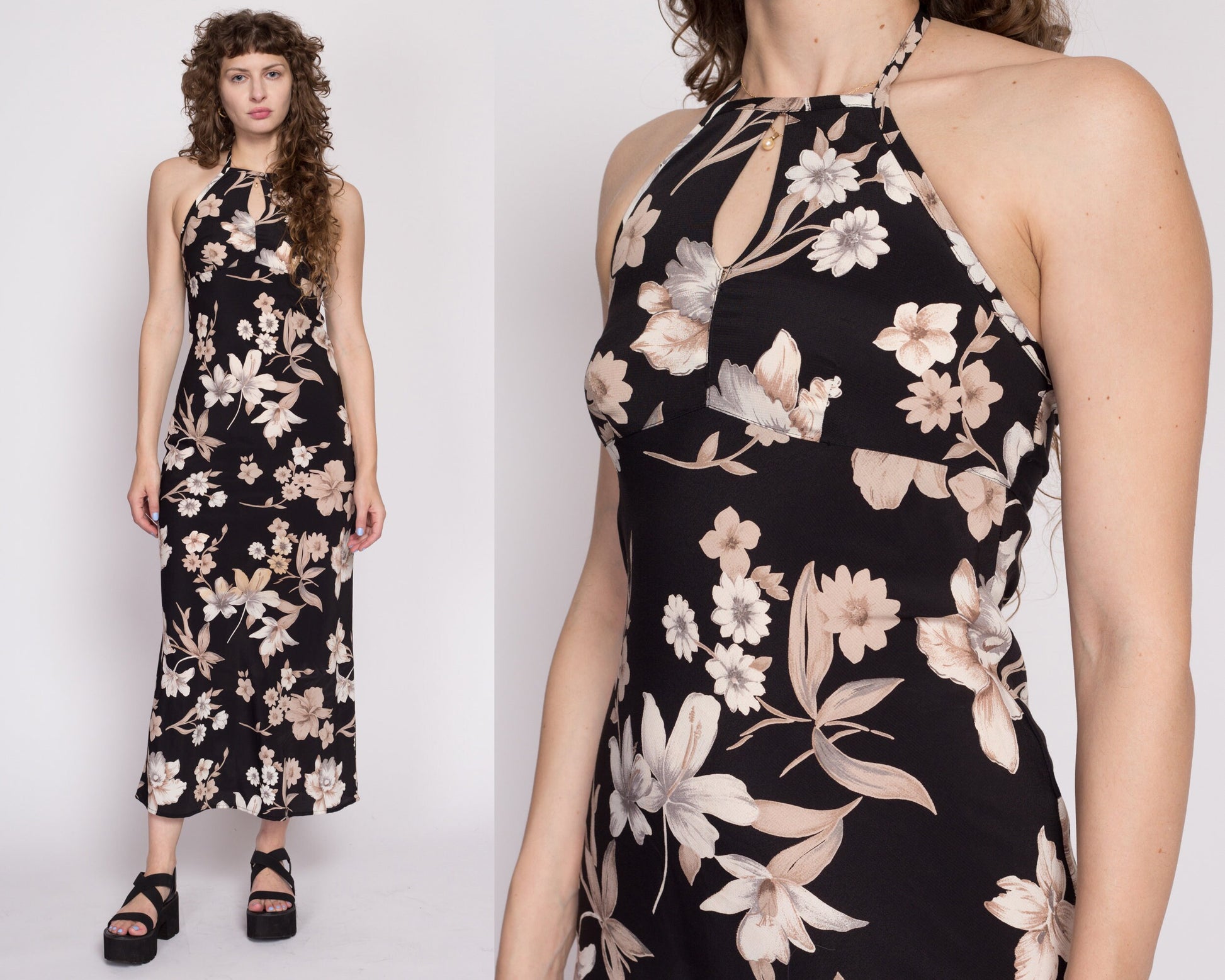 XS 90s Boho Black Floral Halter Maxi Dress | Vintage Tropical Flower Print Keyhole Neck Sundress