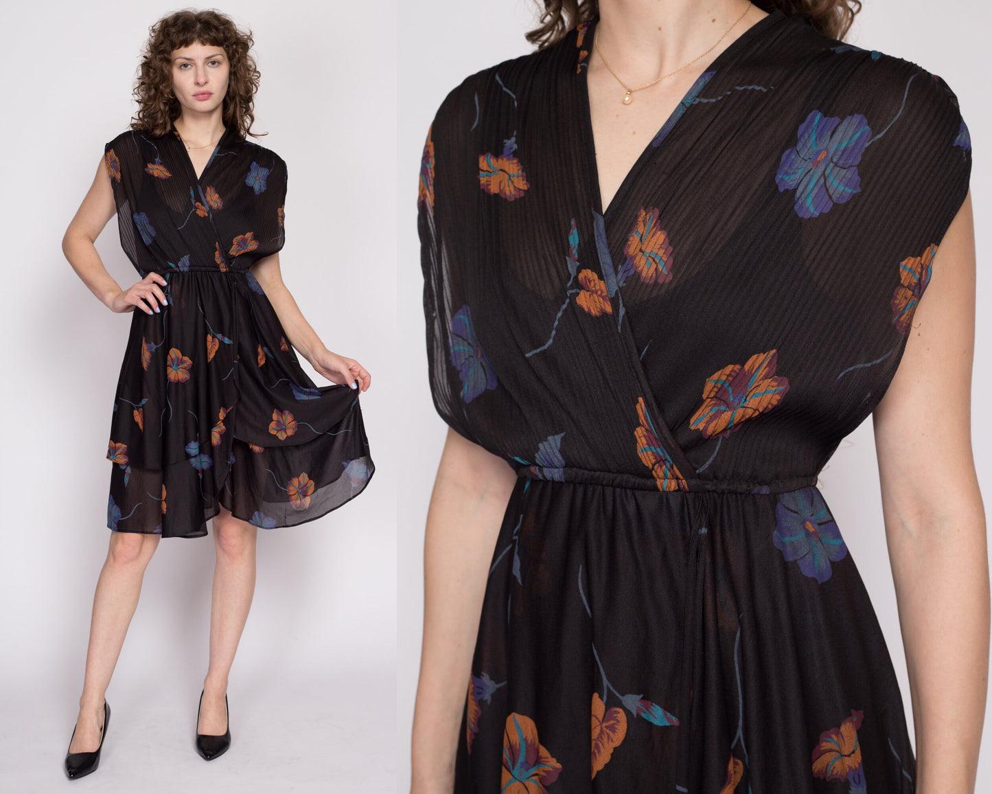 Medium 70s Sheer Black Floral Dress | Vintage Boho V Neck Blouson Mini Dress