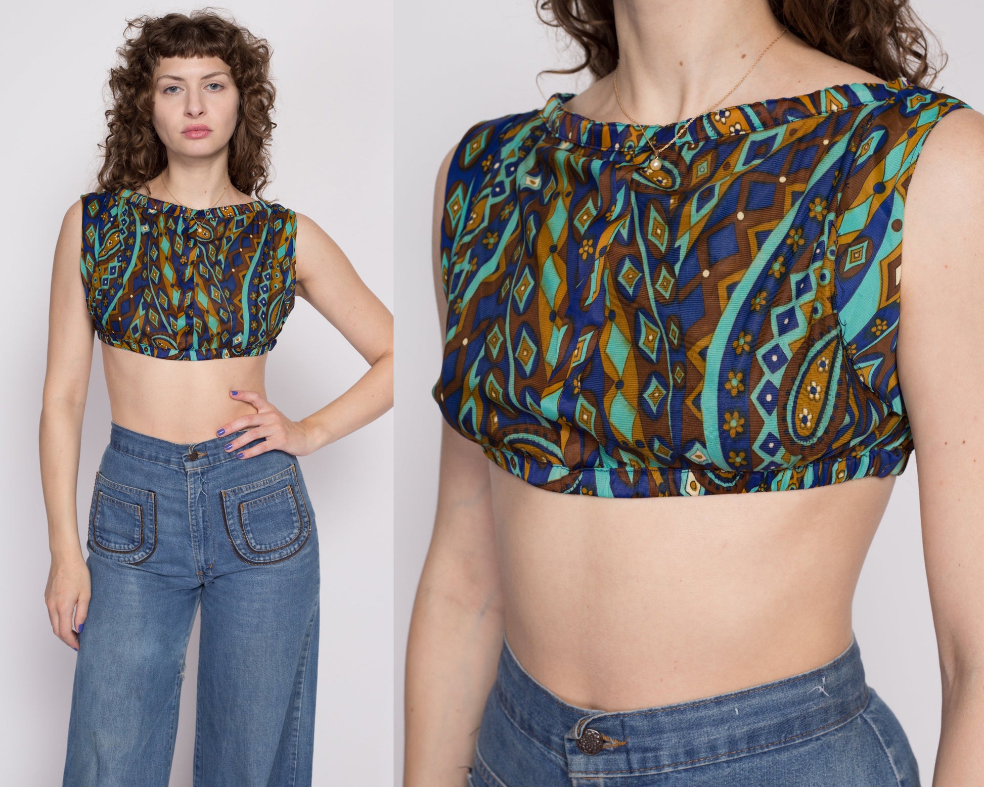 M| Vintage Psychedelic Cropped Tank - Petite Medium | Boho Sleeveless Empire Waist Mini Crop Top