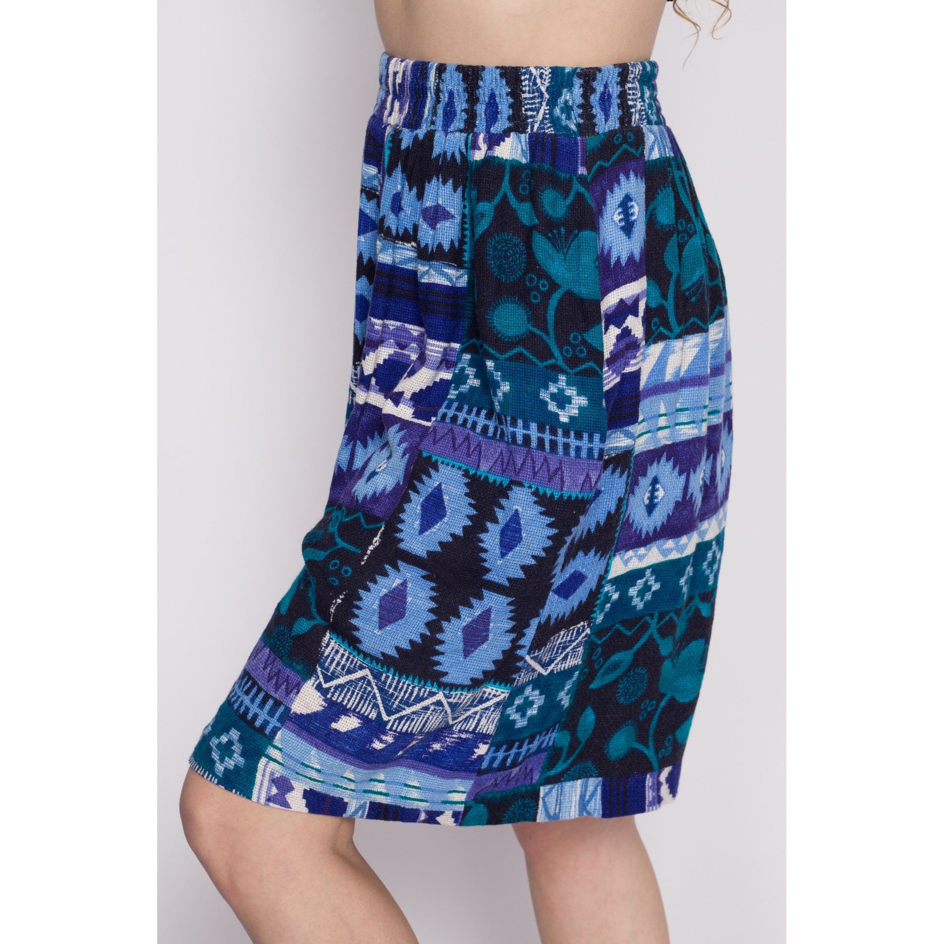 L| 90s Southwestern Woven Patchwork Lounge Shorts - Large | Vintage Boho High Waisted Elastic Wide Leg Flowy Shorts