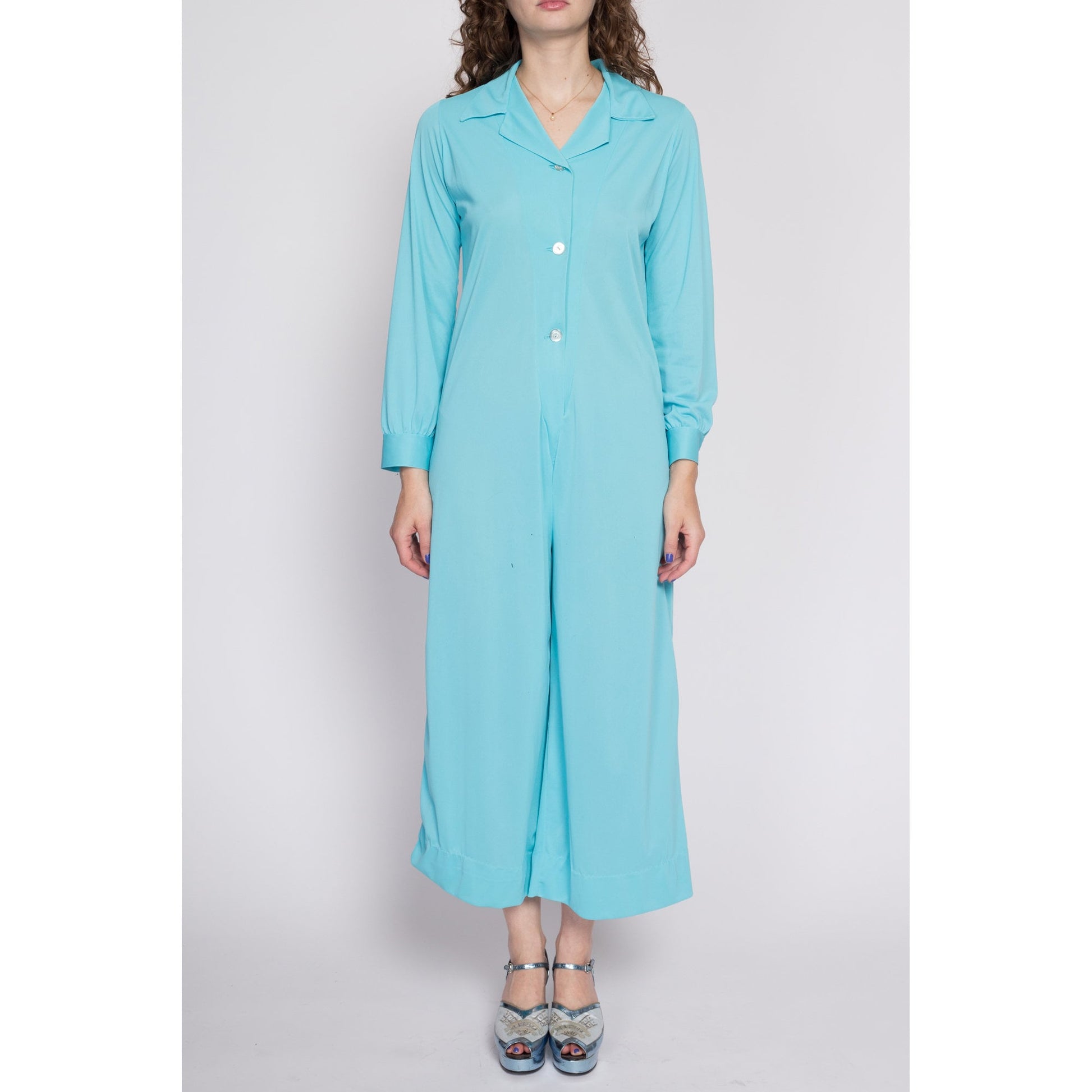 Medium 70s Retro Blue Disco Jumpsuit As Is | Vintage Button Up Long Sleeve Collared Leisure Suit