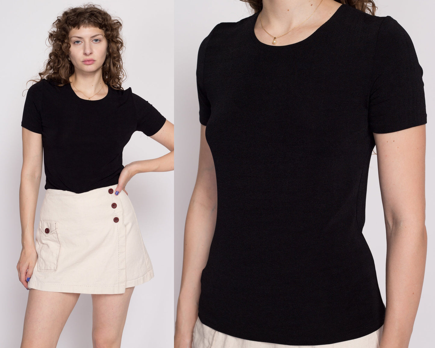 M| 90s Slinky Black Top - Medium | Vintage Plain Stretchy Short Sleeve Shirt