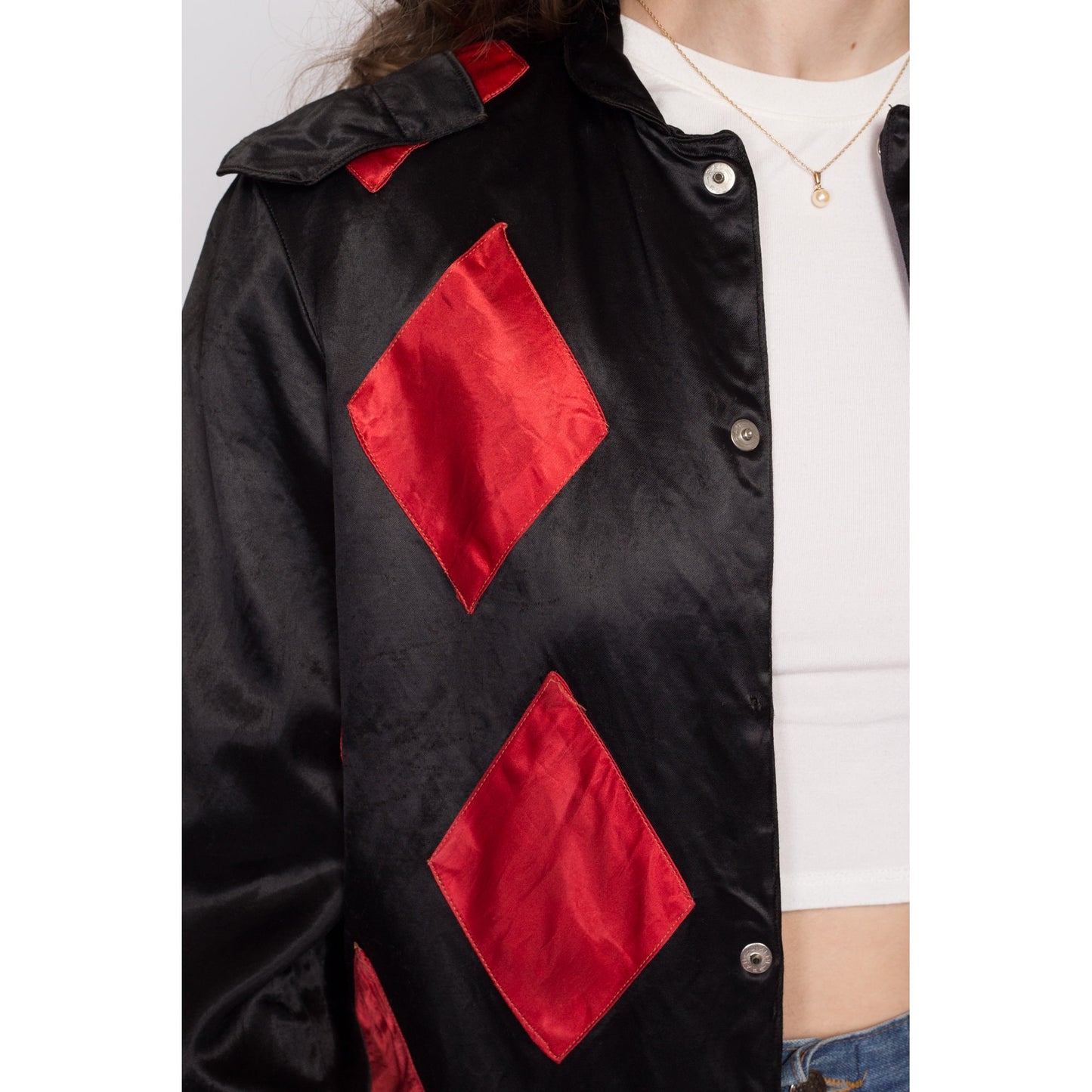 M| 30s 40s Satin Diamond Jockey Horse Racing Jacket - Men's Medium | Vintage Black Red Shiny Jockey Silks Uniform Short