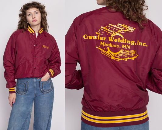 M| 80s Crawler Welding Uniform Varsity Jacket - Men's Medium | Vintage "Mary" Maroon Striped Snap Button Bomber Windbreaker