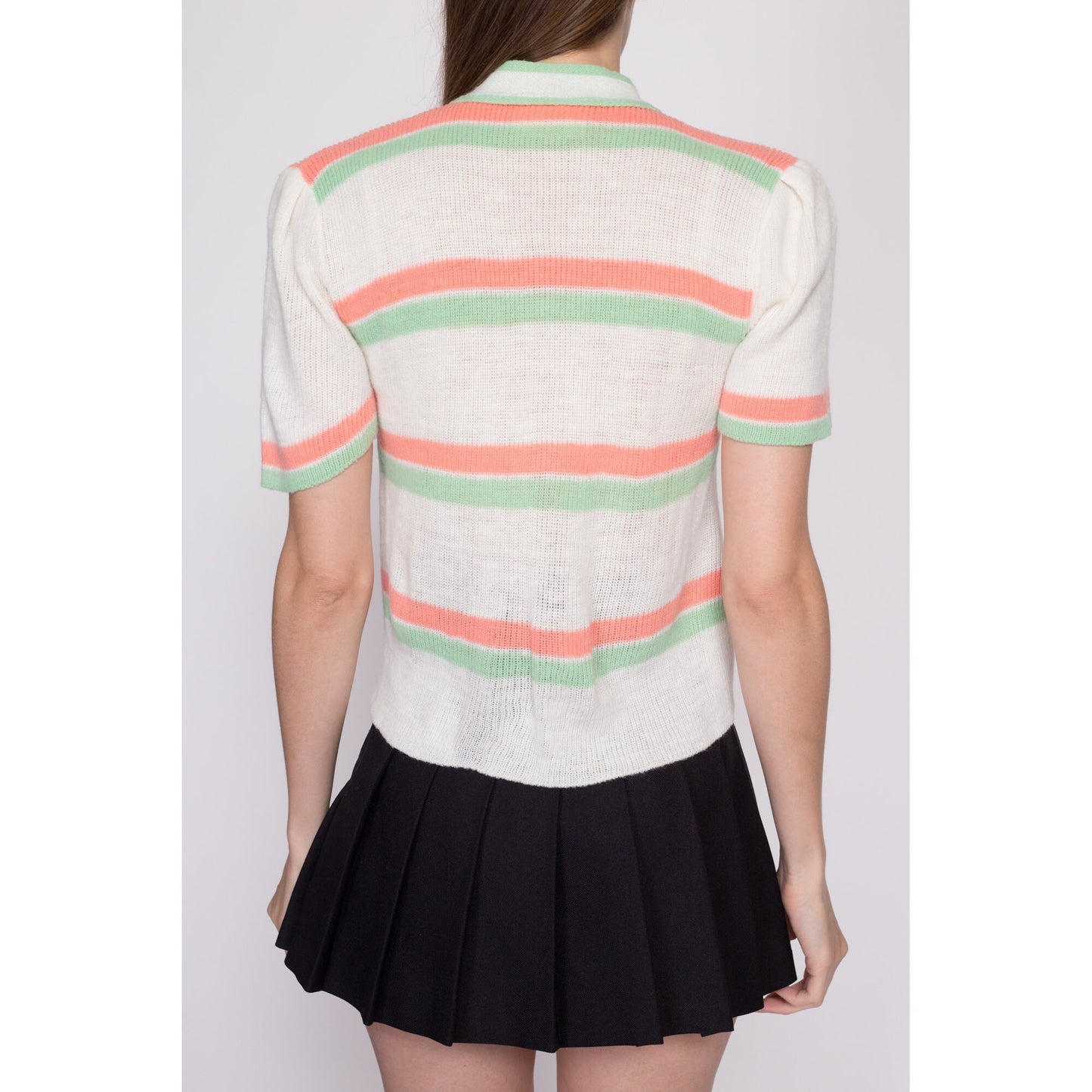 Medium 70s White Pastel Striped Knit Top | Boho Vintage Button Up Cropped Sweater Shirt