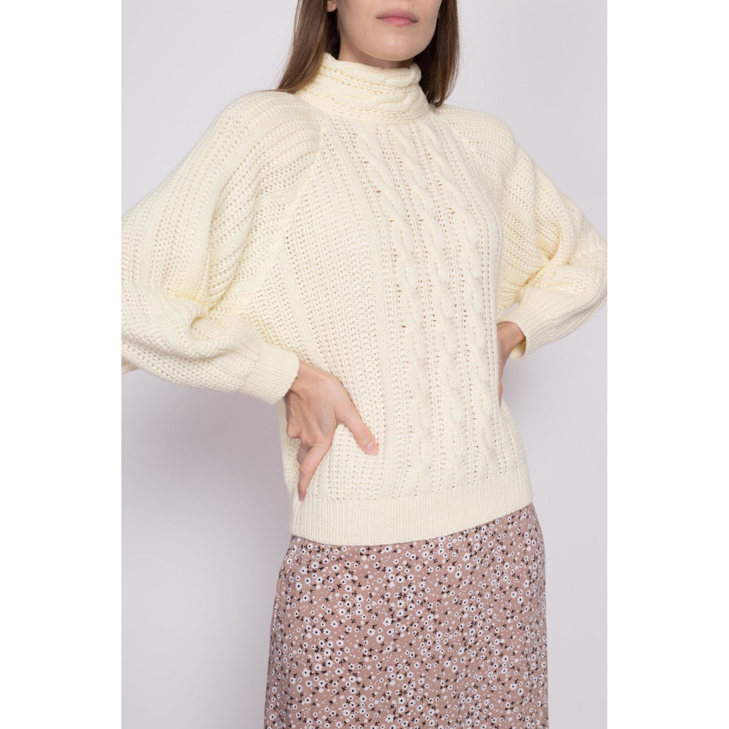 Medium 80s Cable Knit Turtleneck Sweater | Vintage Cream Knit Pullover Jumper
