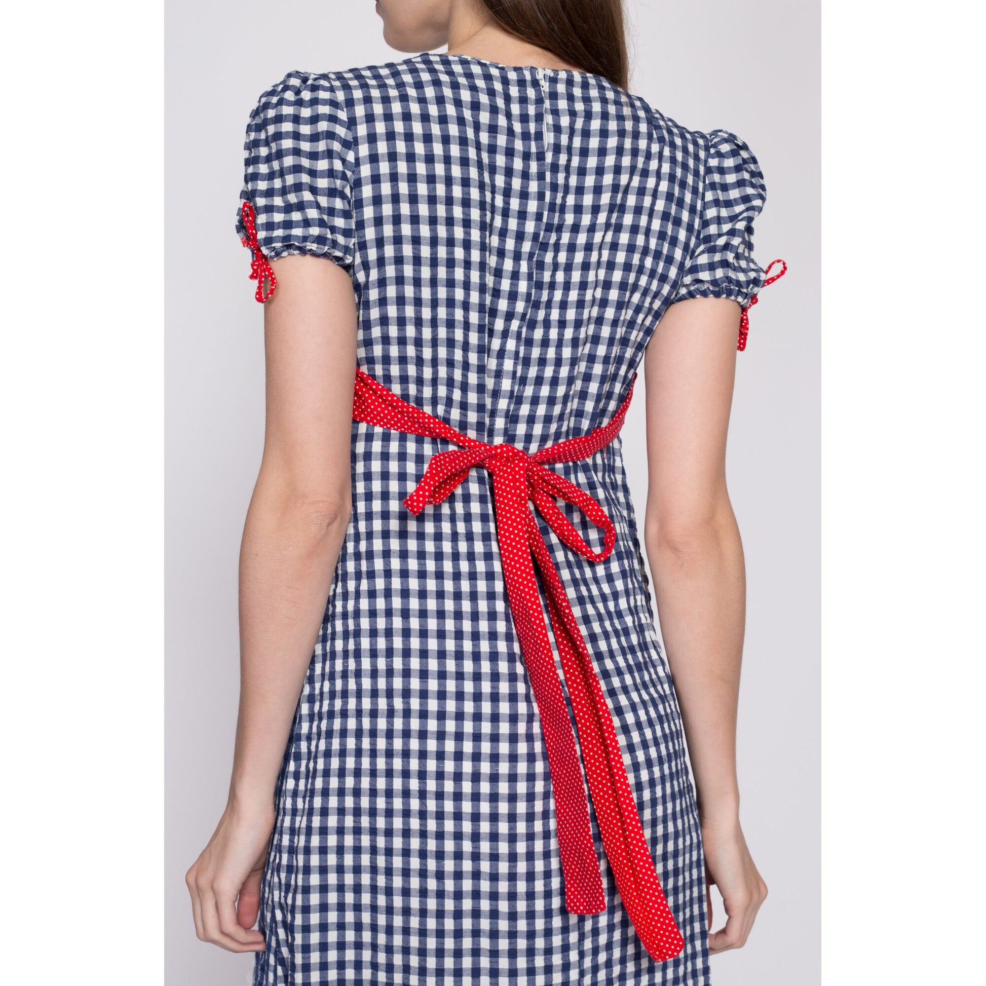 Petite Small 60s Gingham Prairie Maxi Dress | Vintage Red White Blue Boho A Line Cottagecore Lace Apron Dress
